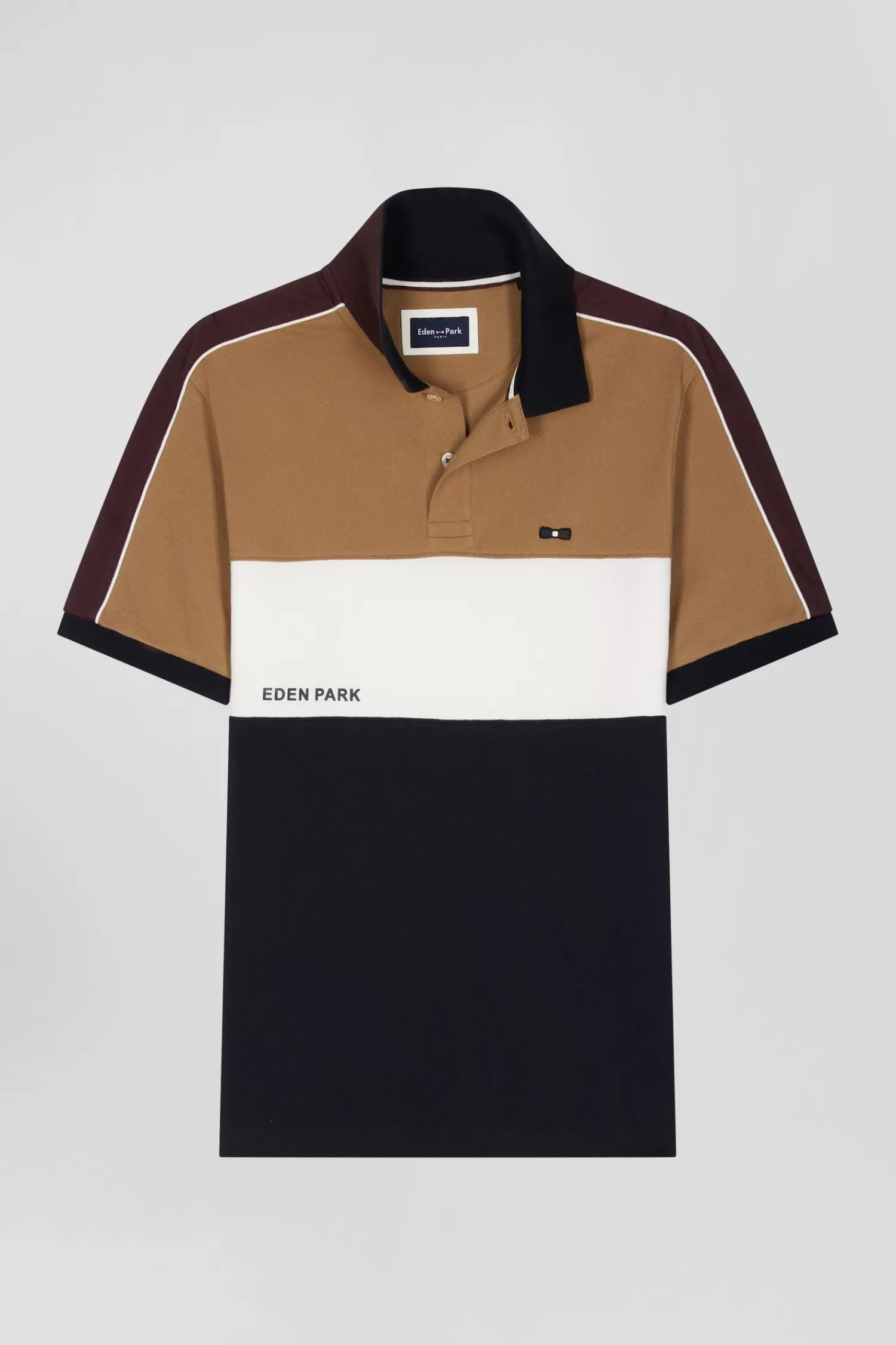 Eden Park Regular camel tricolor short-sleeved cotton piqué polo shirt with lettering< Polos