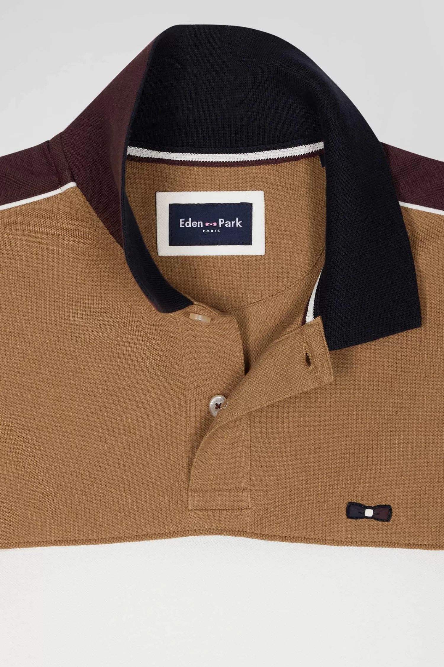 Eden Park Regular camel tricolor short-sleeved cotton piqué polo shirt with lettering< Polos