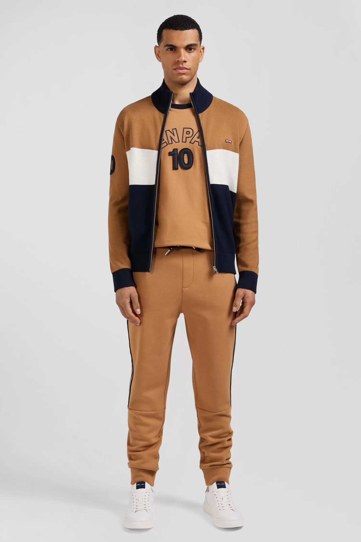 Eden Park Regular camel tricolour high collar zipped cardigan with N°10 embroidery and knit patterns< Cardigans