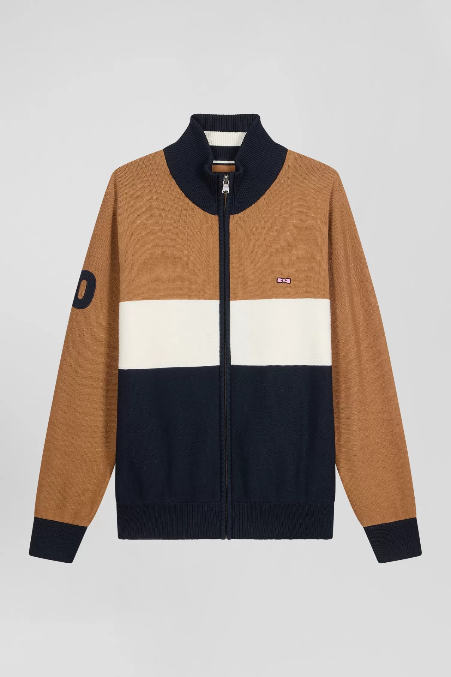 Eden Park Regular camel tricolour high collar zipped cardigan with N°10 embroidery and knit patterns< Cardigans