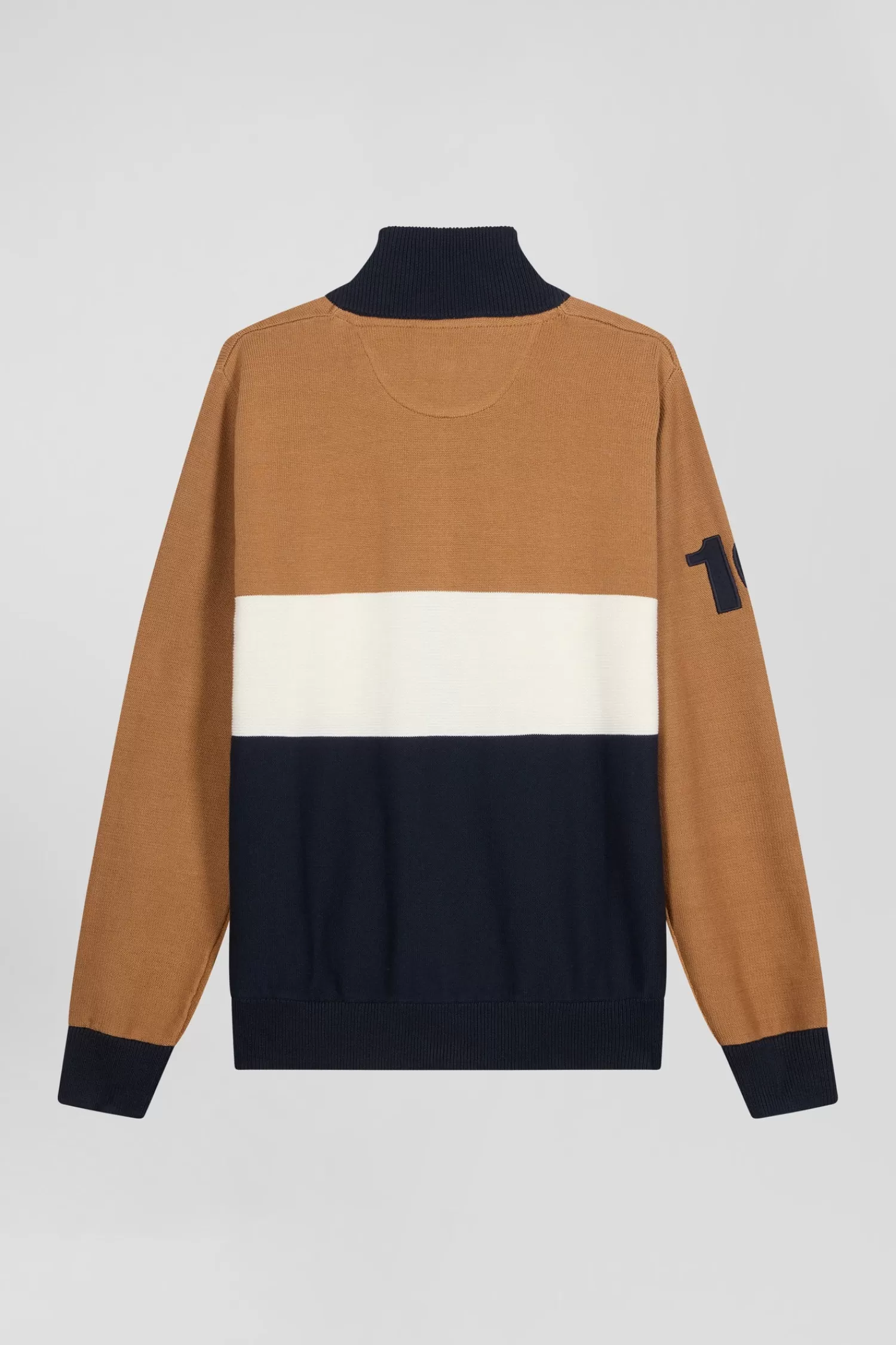 Eden Park Regular camel tricolour high collar zipped cardigan with N°10 embroidery and knit patterns< Cardigans