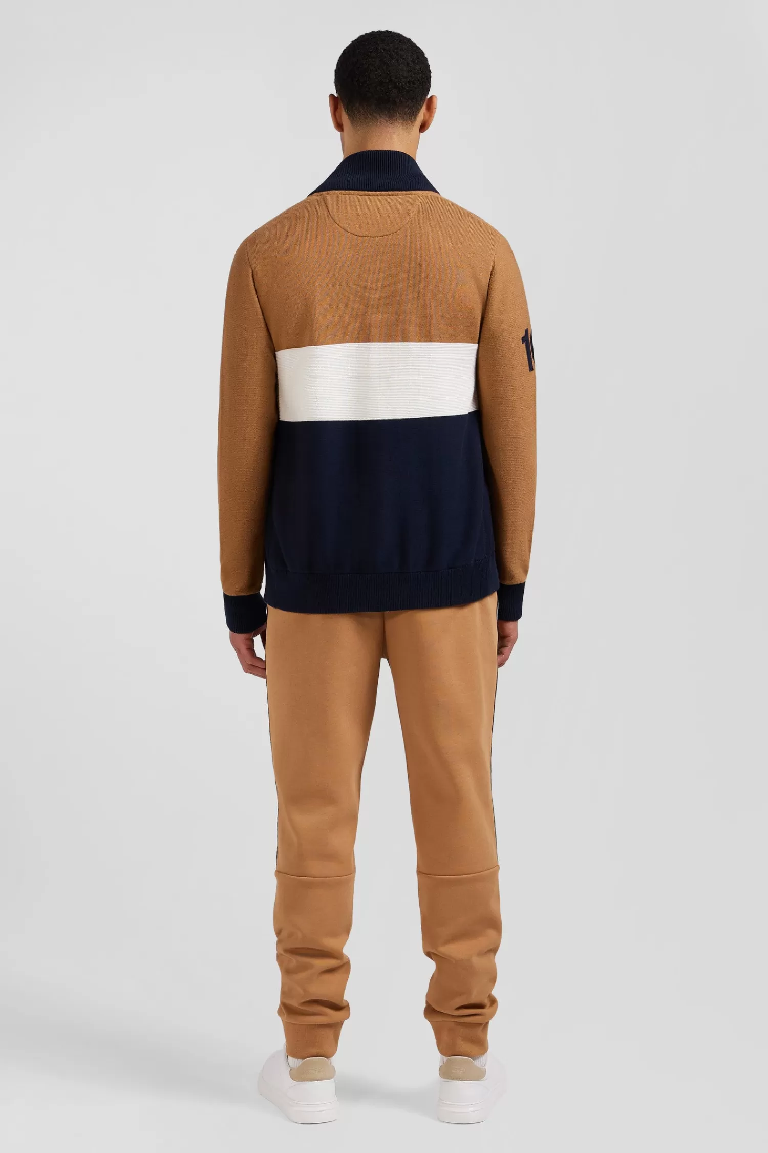 Eden Park Regular camel tricolour high collar zipped cardigan with N°10 embroidery and knit patterns< Cardigans