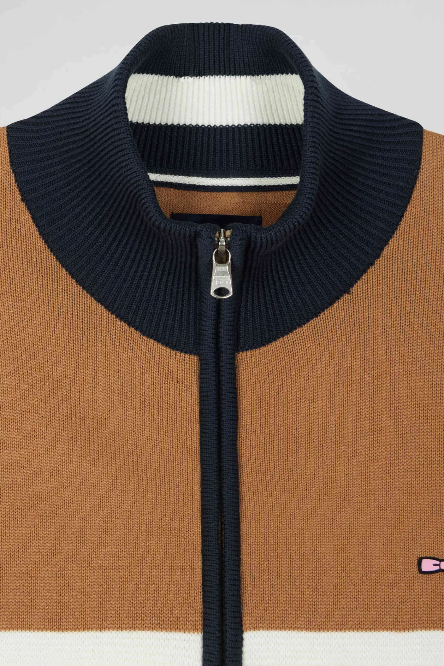 Eden Park Regular camel tricolour high collar zipped cardigan with N°10 embroidery and knit patterns< Cardigans