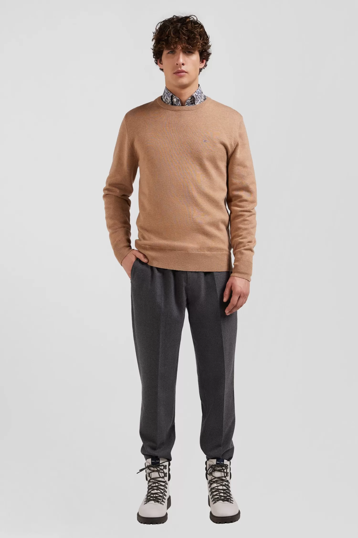 Eden Park Regular camel wool and cotton crew neck jumper< Sweaters