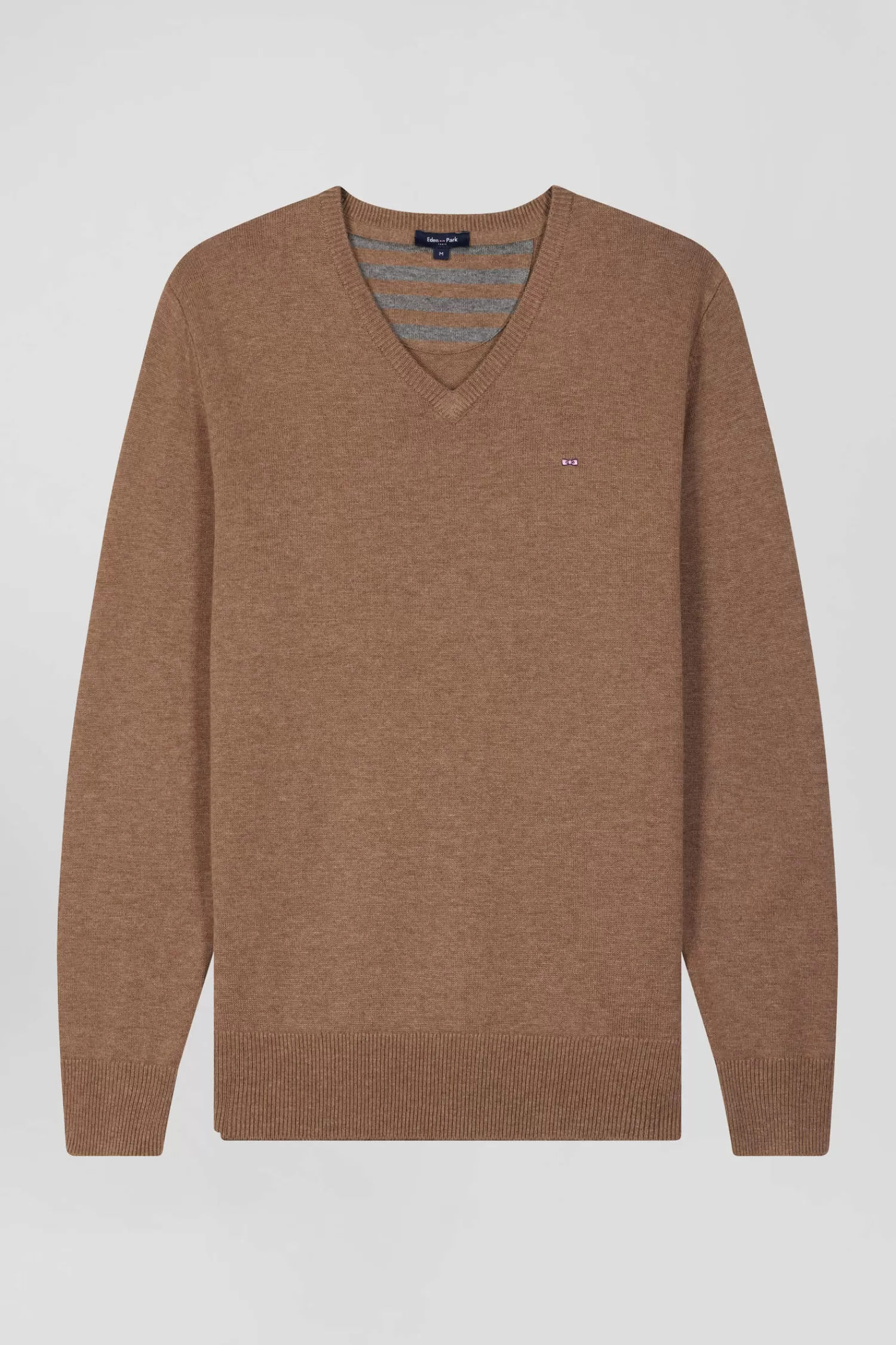 Eden Park Regular camel wool and cotton V-neck jumper with striped details< Sweaters
