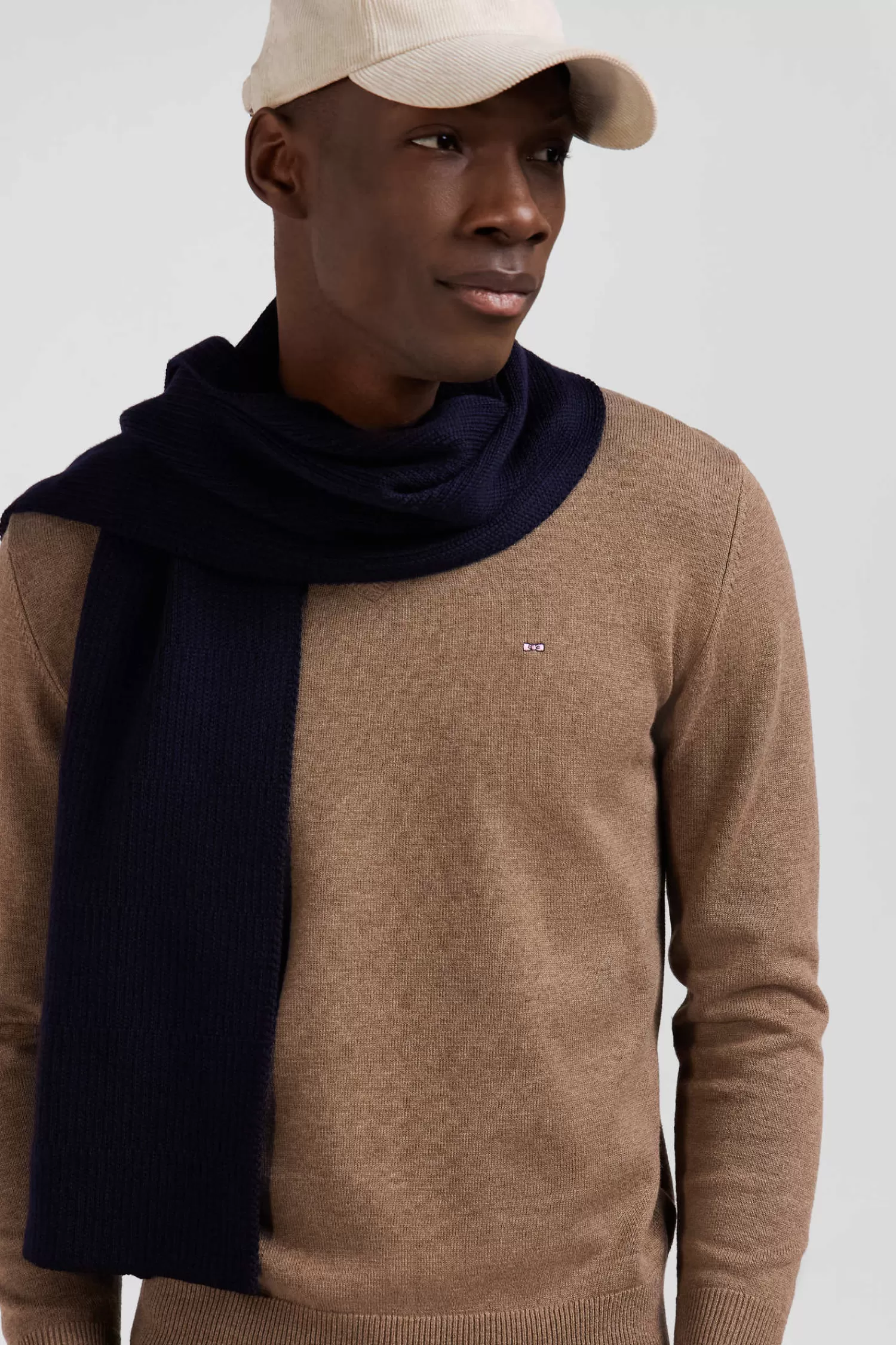 Eden Park Regular camel wool and cotton V-neck jumper with striped details< Sweaters
