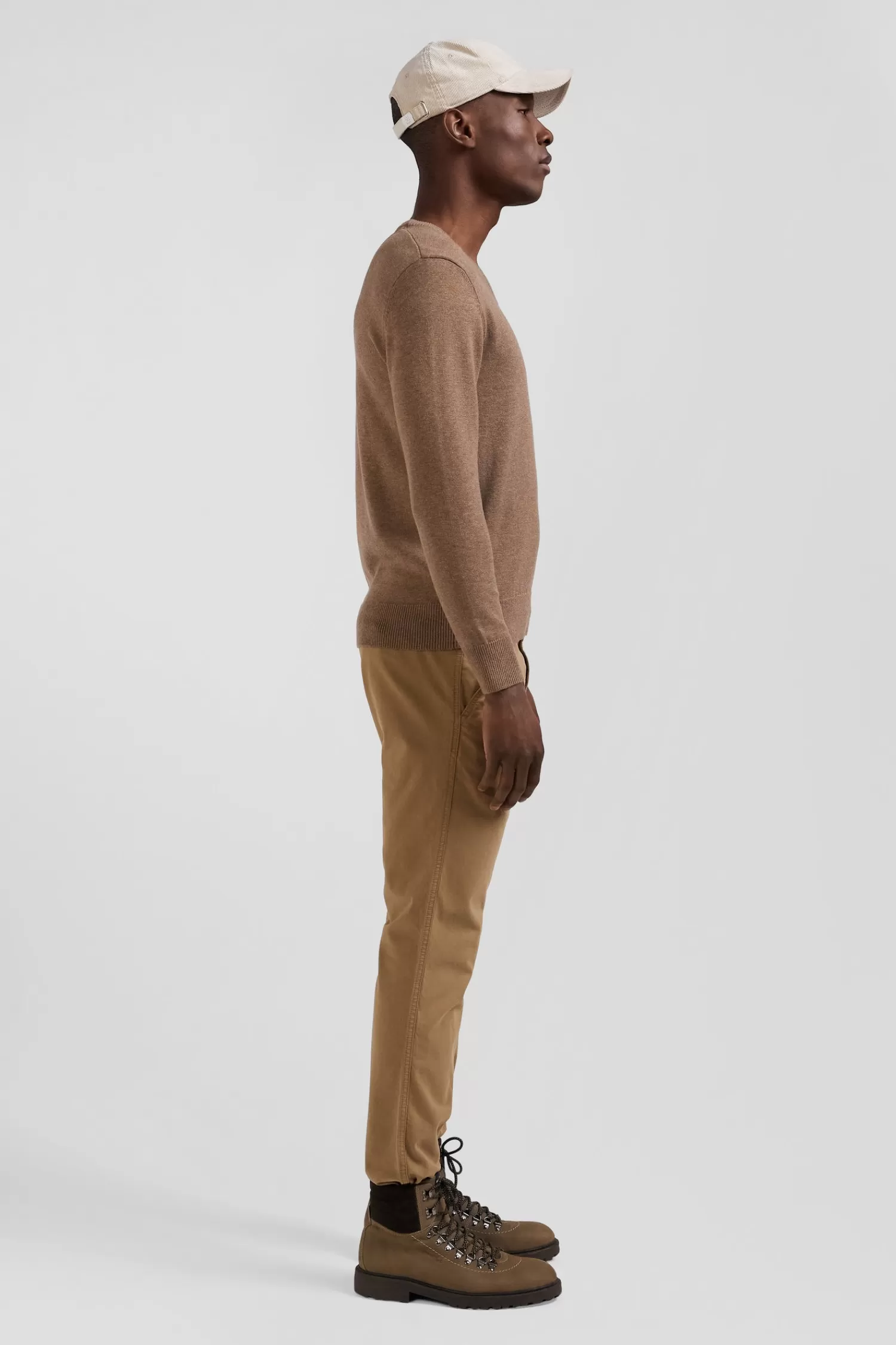 Eden Park Regular camel wool and cotton V-neck jumper with striped details< Sweaters