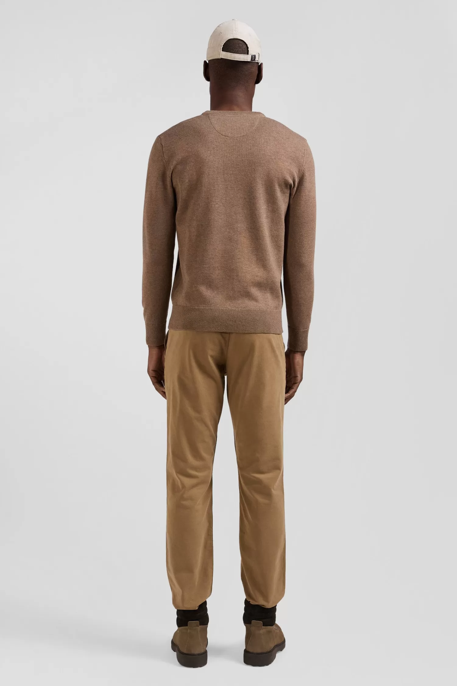 Eden Park Regular camel wool and cotton V-neck jumper with striped details< Sweaters