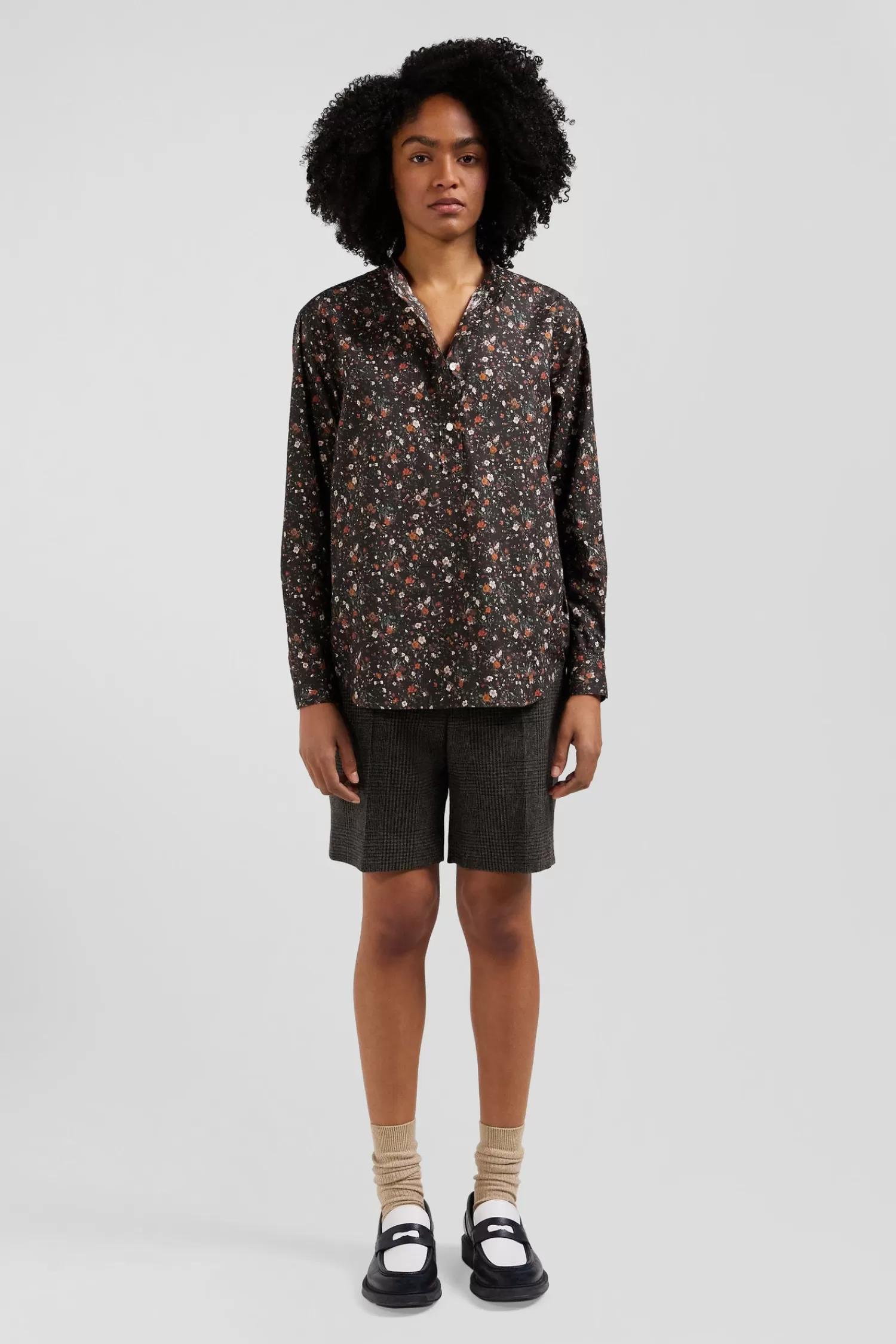 Eden Park Regular collarless black floral microprinted cotton poplin shirt<Women Shirts | Shirts