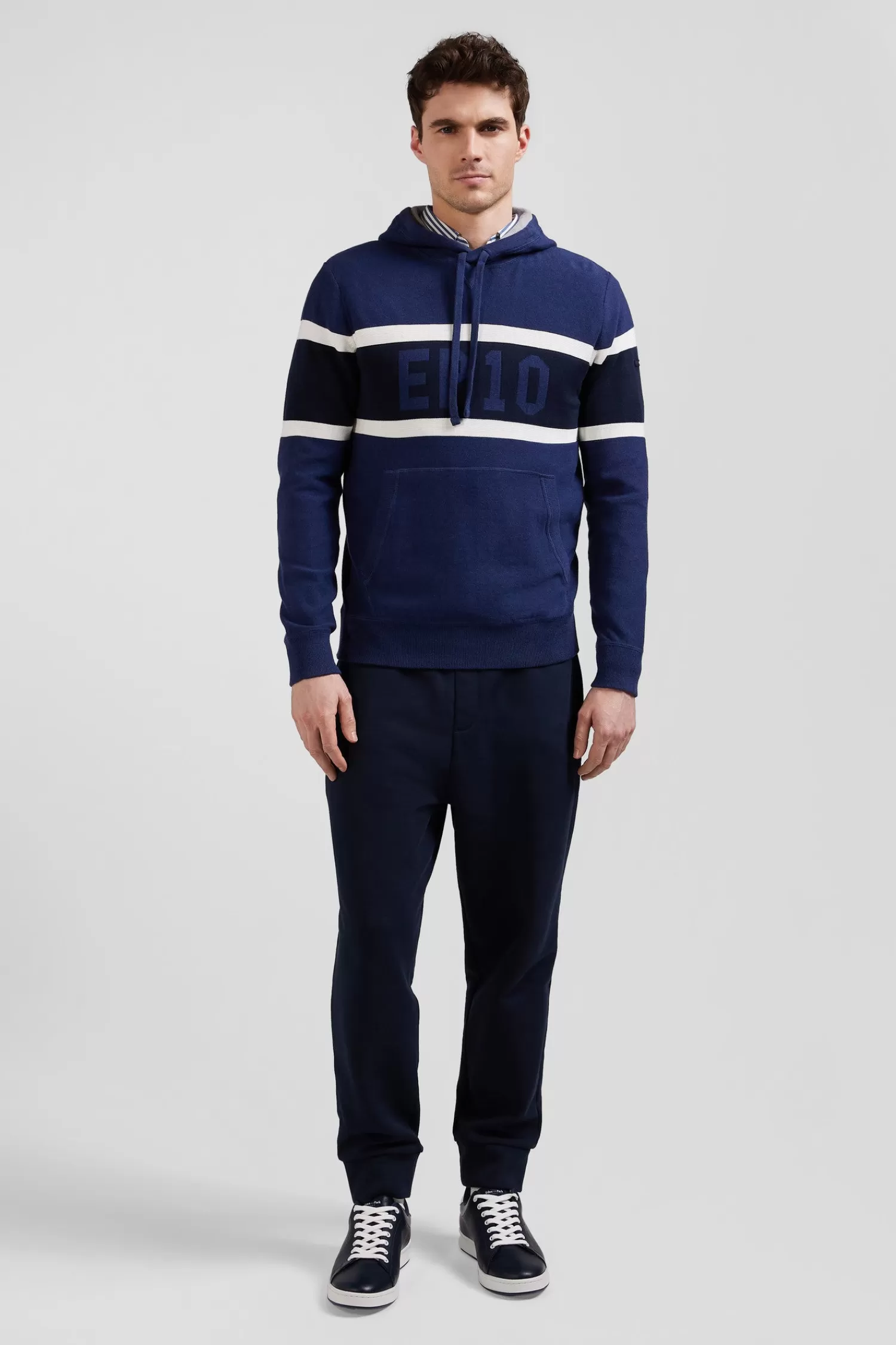 Eden Park Regular dark blue hooded jumper with EP10 jacquard< Sweaters