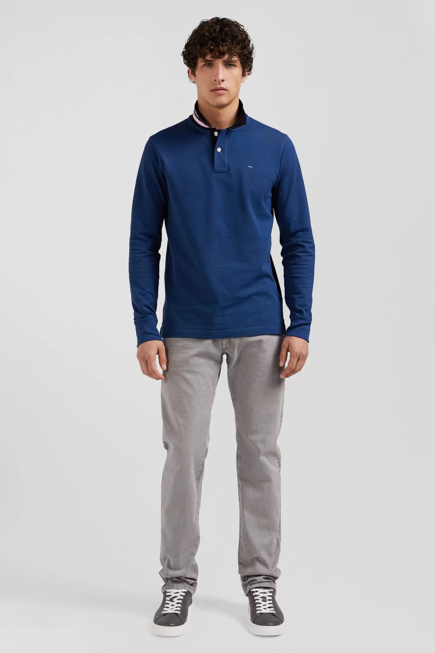 Eden Park Regular dark blue long-sleeved cotton piqué polo shirt with striped collar< Polos