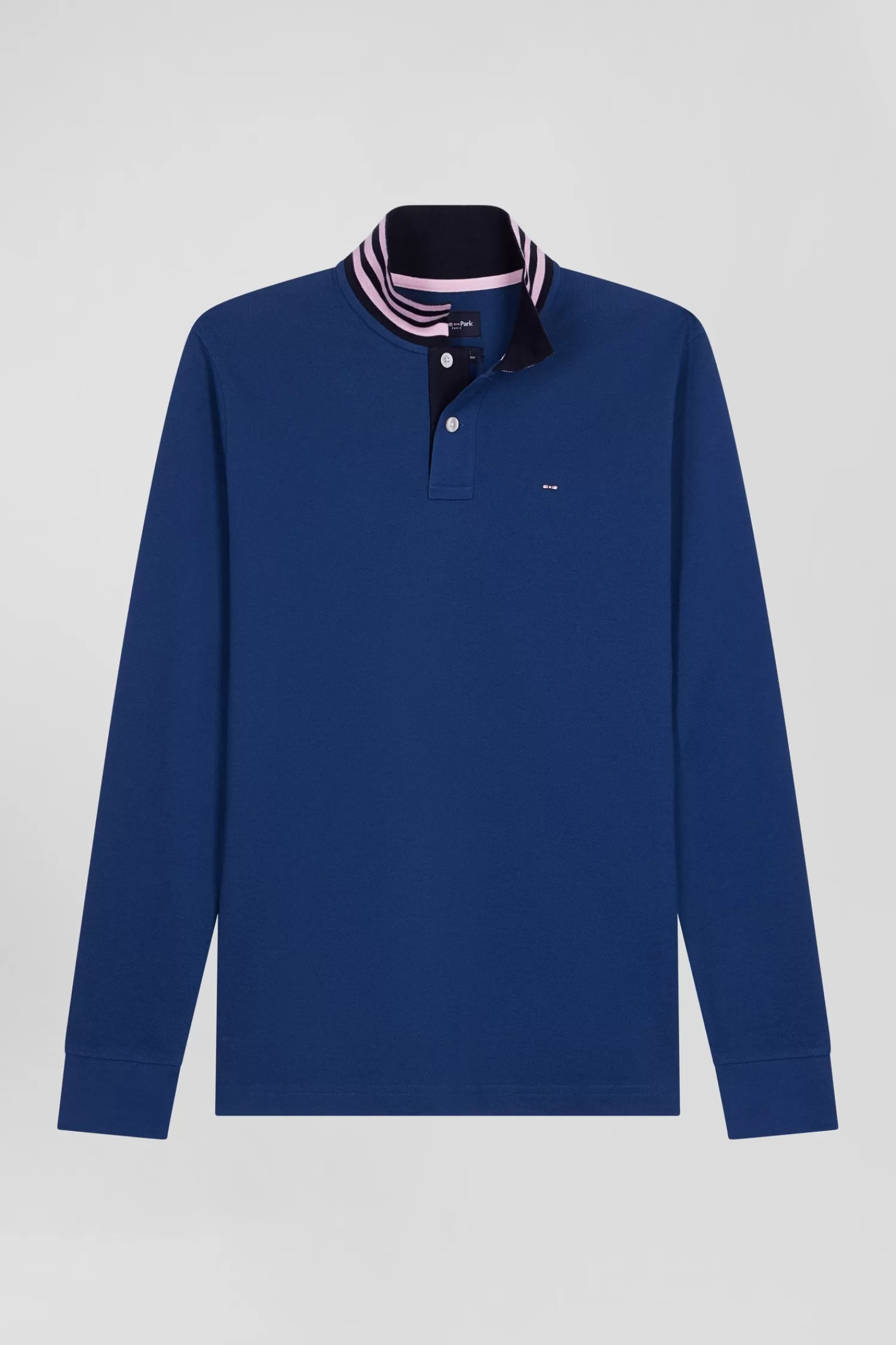 Eden Park Regular dark blue long-sleeved cotton piqué polo shirt with striped collar< Polos