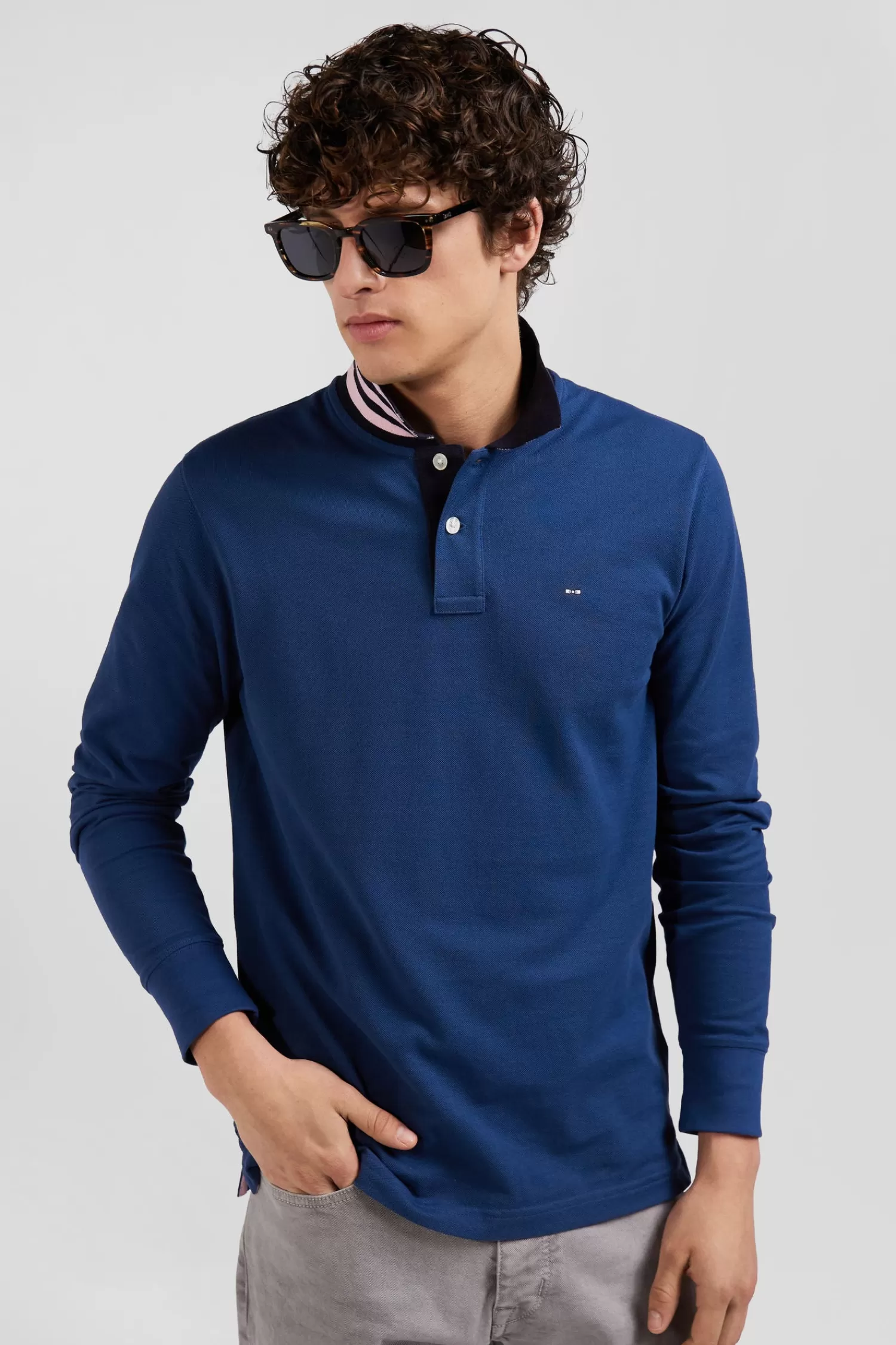 Eden Park Regular dark blue long-sleeved cotton piqué polo shirt with striped collar< Polos