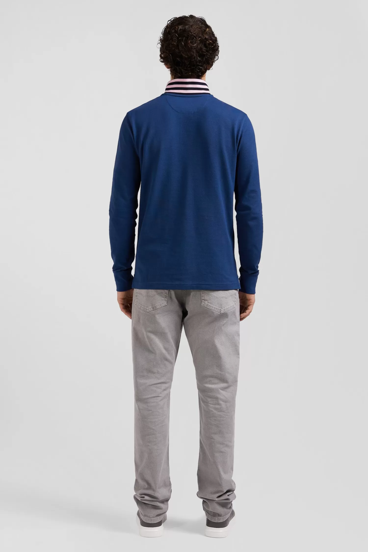 Eden Park Regular dark blue long-sleeved cotton piqué polo shirt with striped collar< Polos