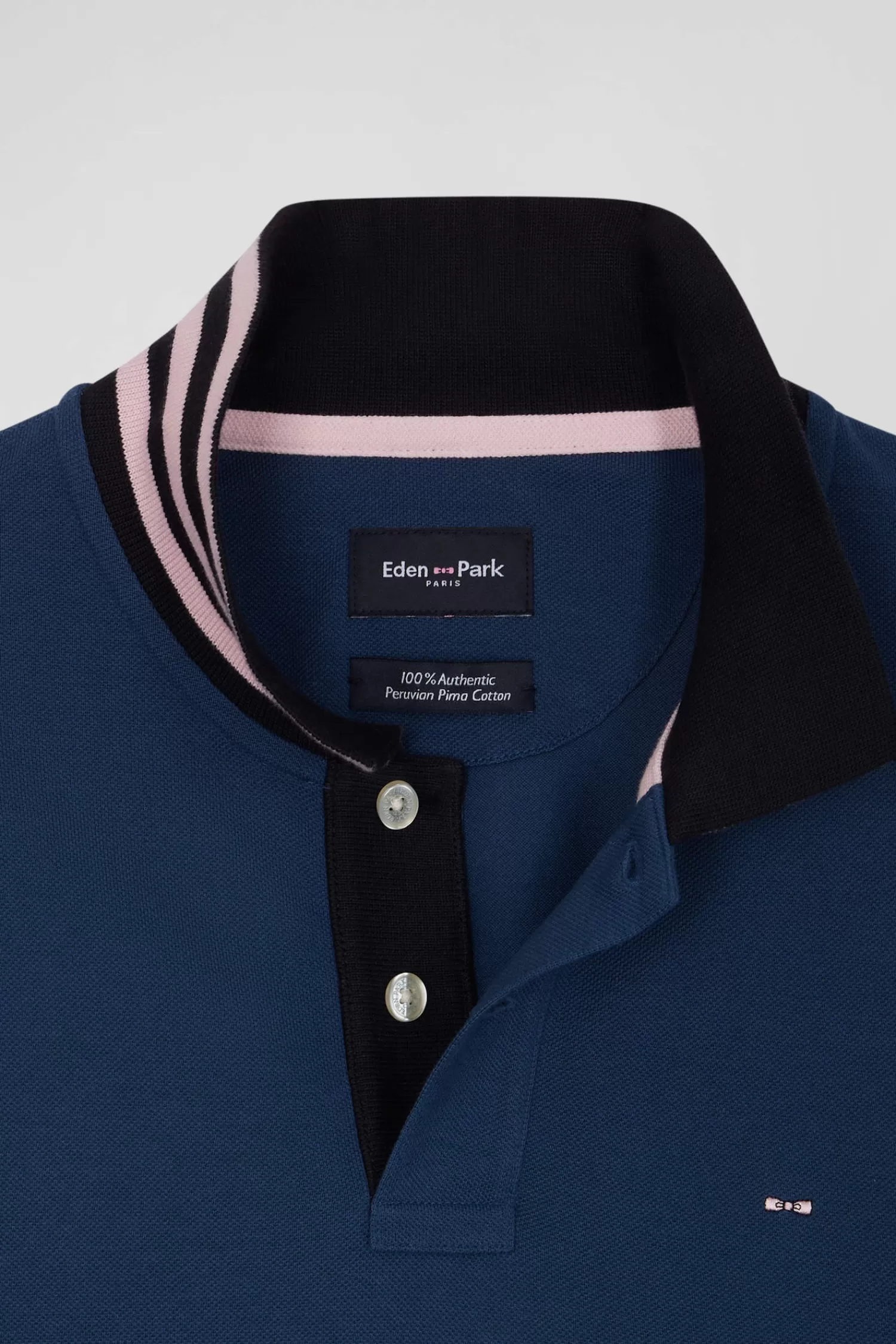 Eden Park Regular dark blue long-sleeved cotton piqué polo shirt with striped collar< Polos
