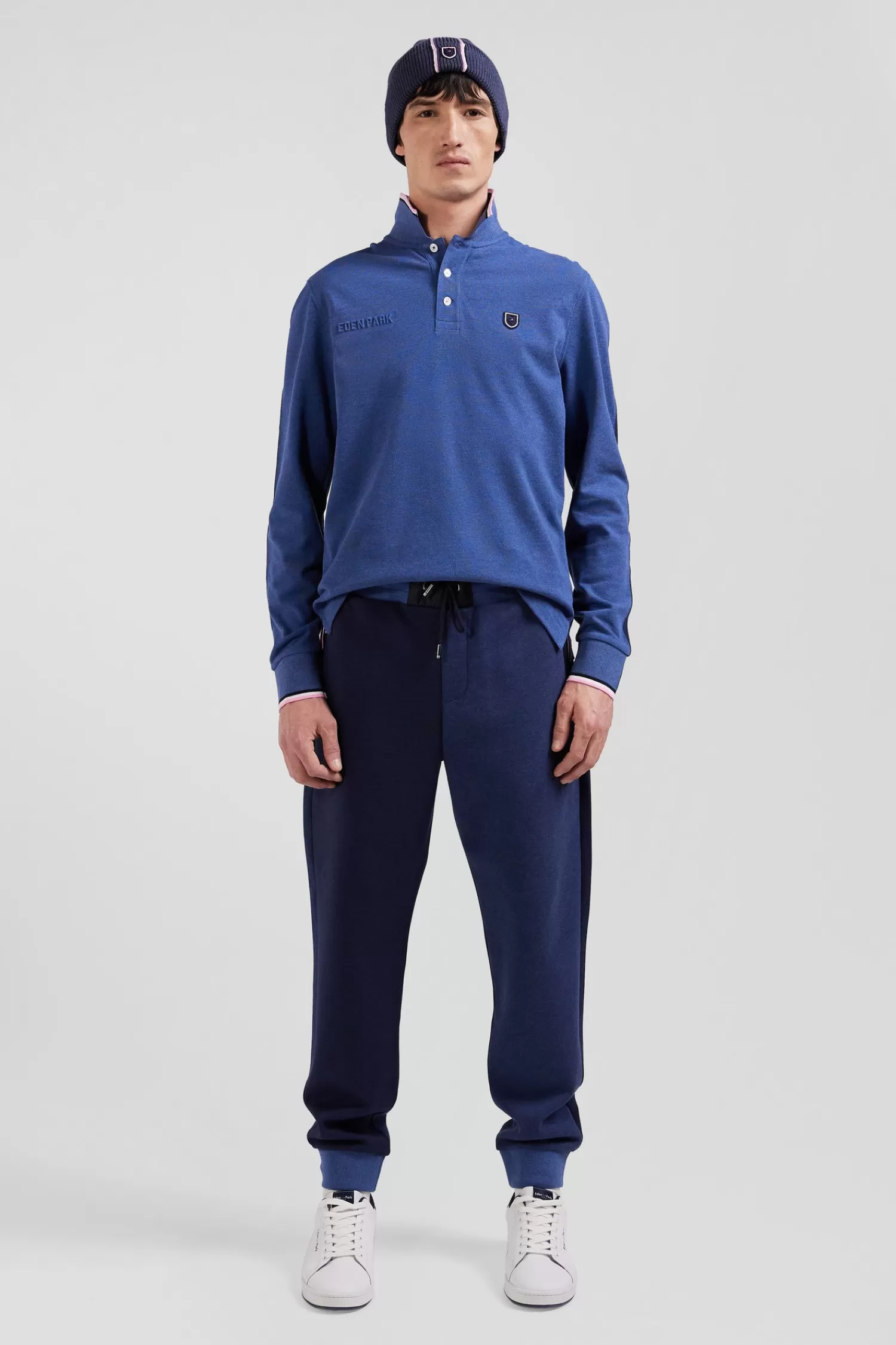 Eden Park Regular dark blue long-sleeved cotton piqué polo shirt with tricolor details< Polos