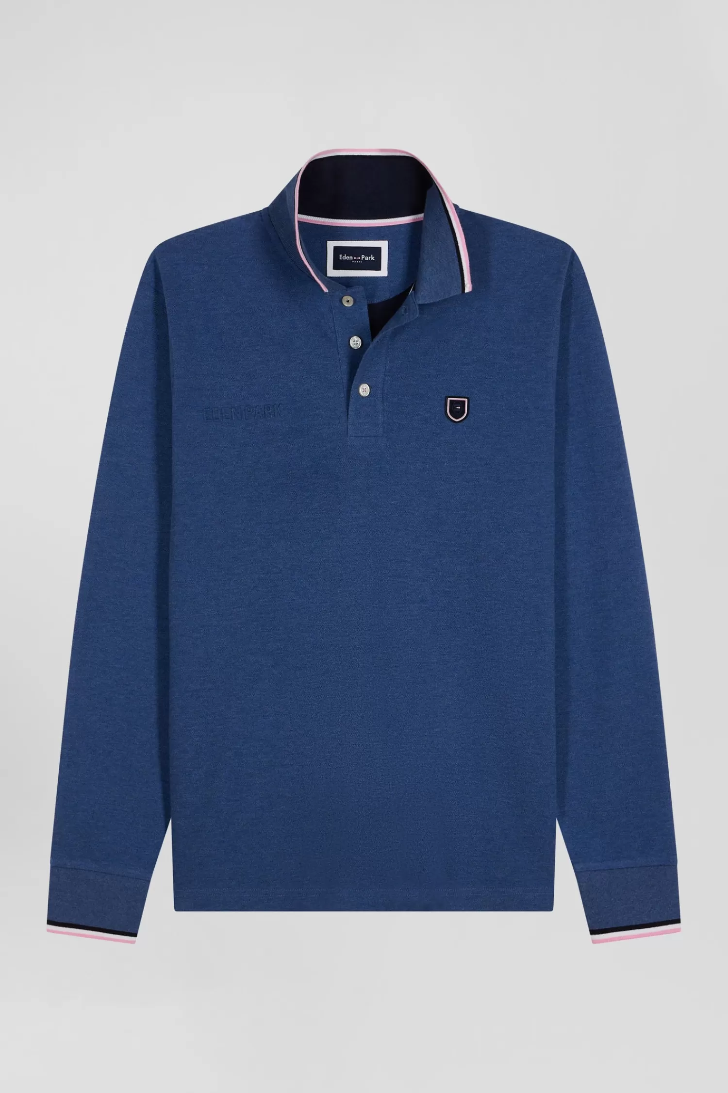 Eden Park Regular dark blue long-sleeved cotton piqué polo shirt with tricolor details< Polos