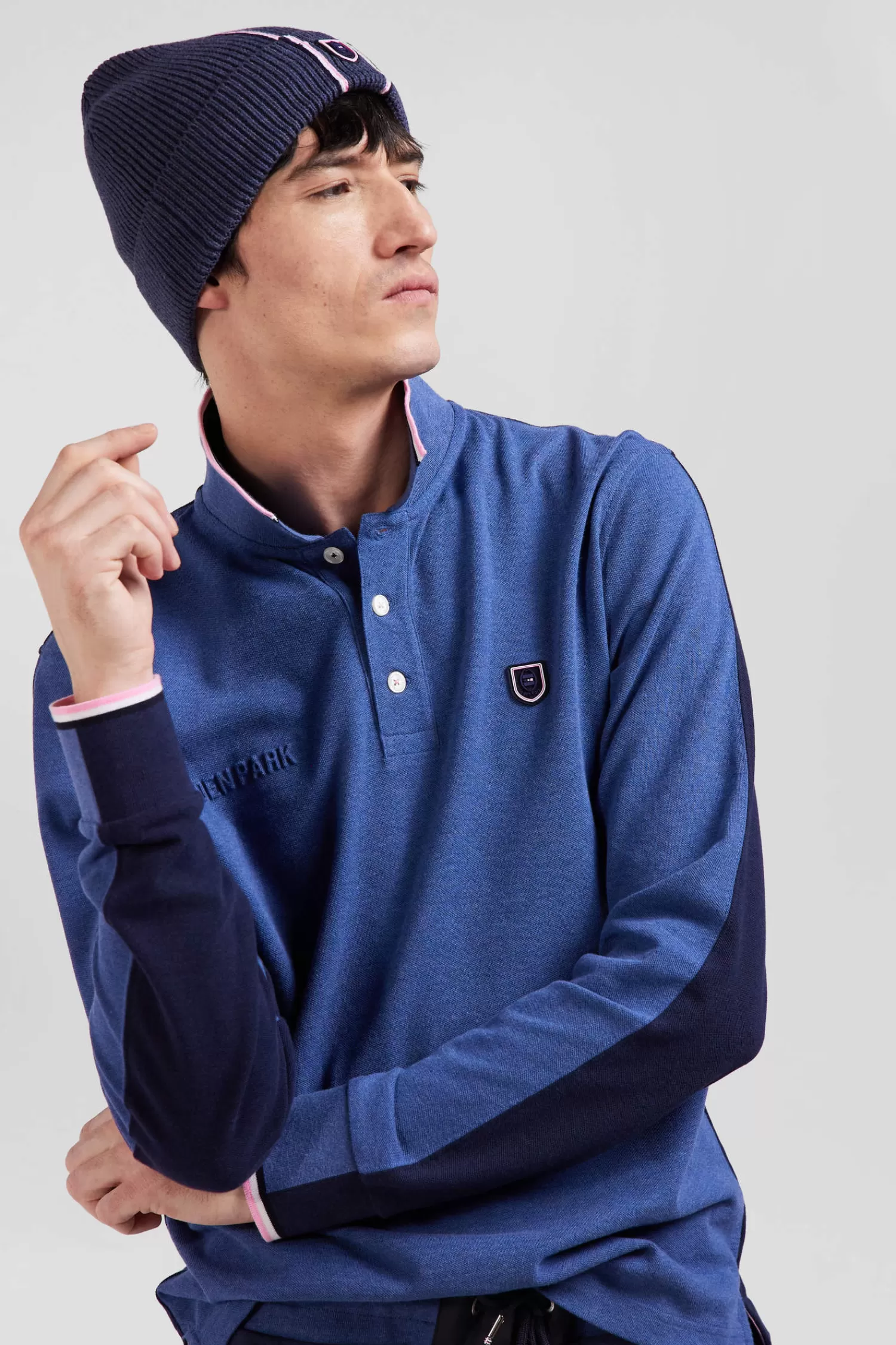 Eden Park Regular dark blue long-sleeved cotton piqué polo shirt with tricolor details< Polos