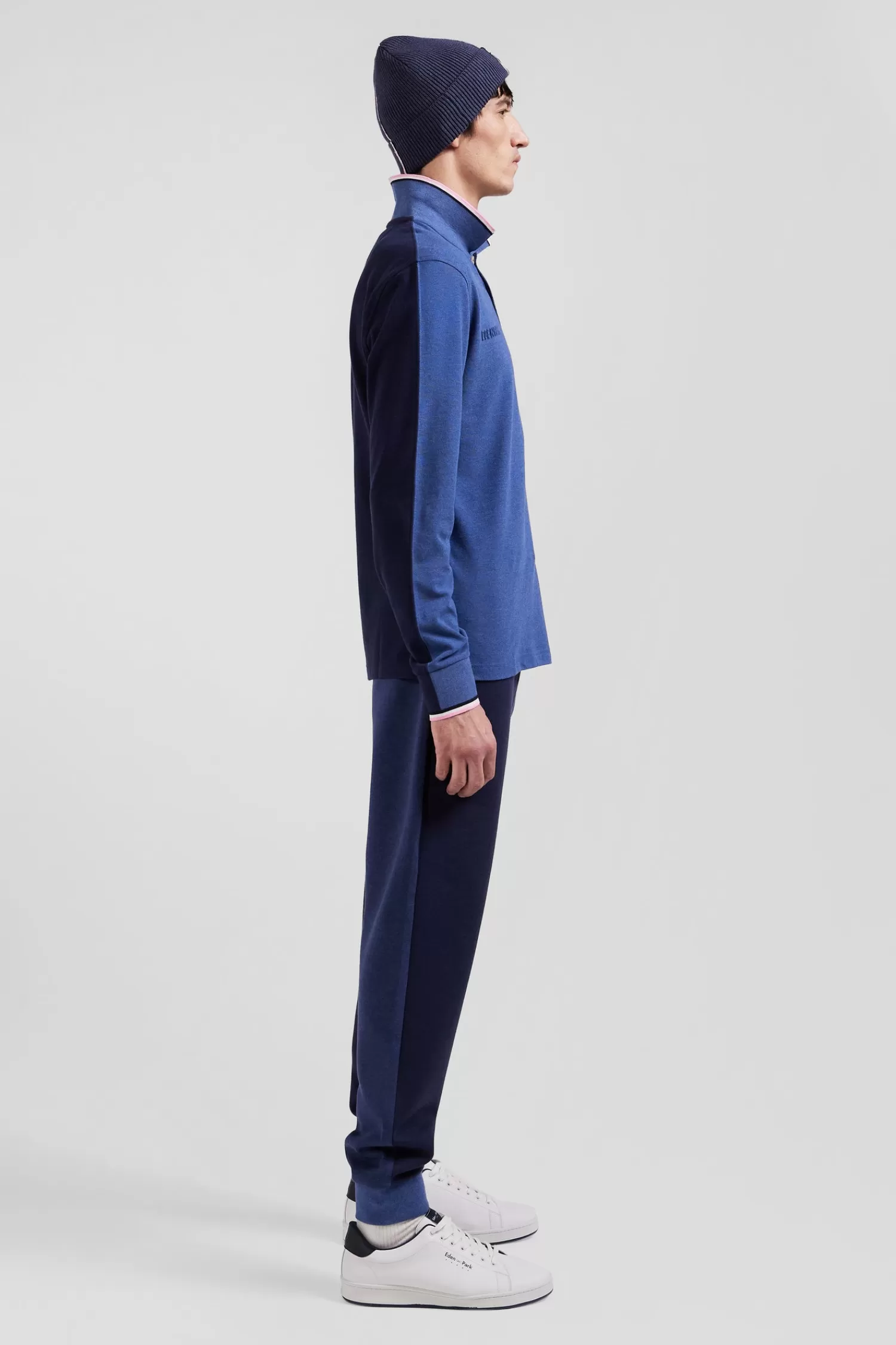 Eden Park Regular dark blue long-sleeved cotton piqué polo shirt with tricolor details< Polos