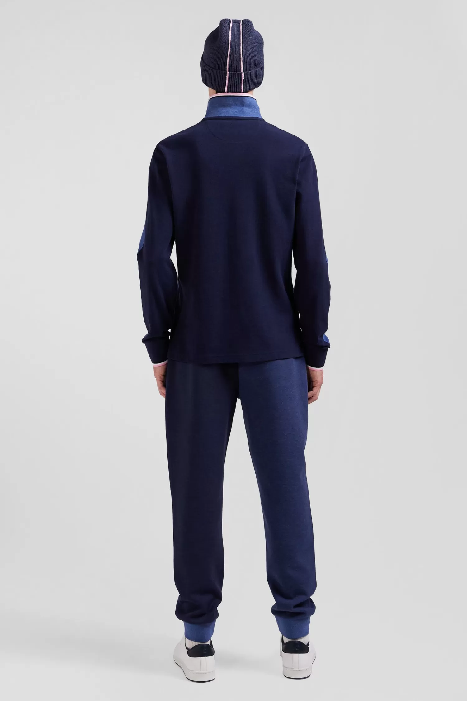 Eden Park Regular dark blue long-sleeved cotton piqué polo shirt with tricolor details< Polos