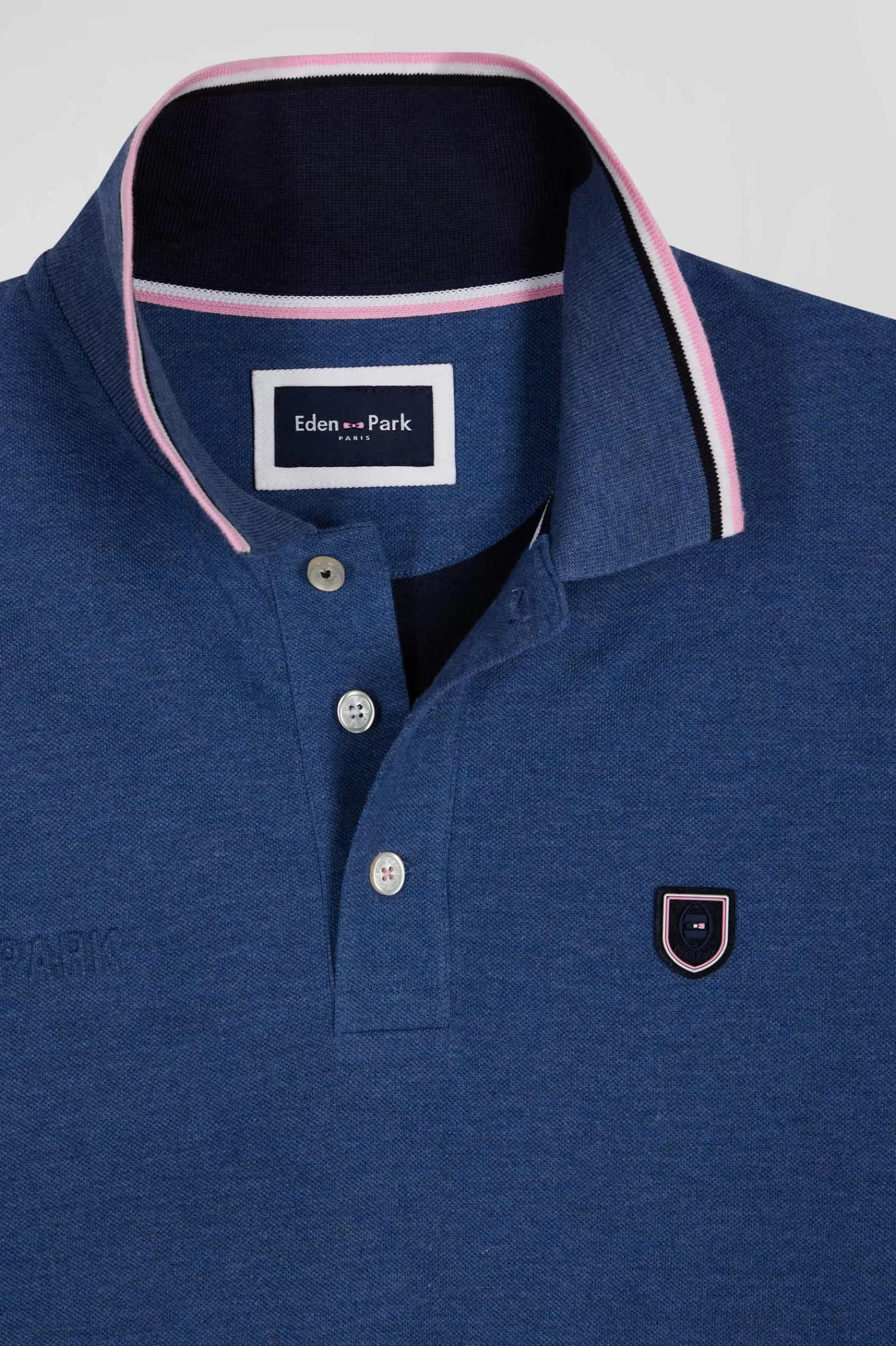 Eden Park Regular dark blue long-sleeved cotton piqué polo shirt with tricolor details< Polos