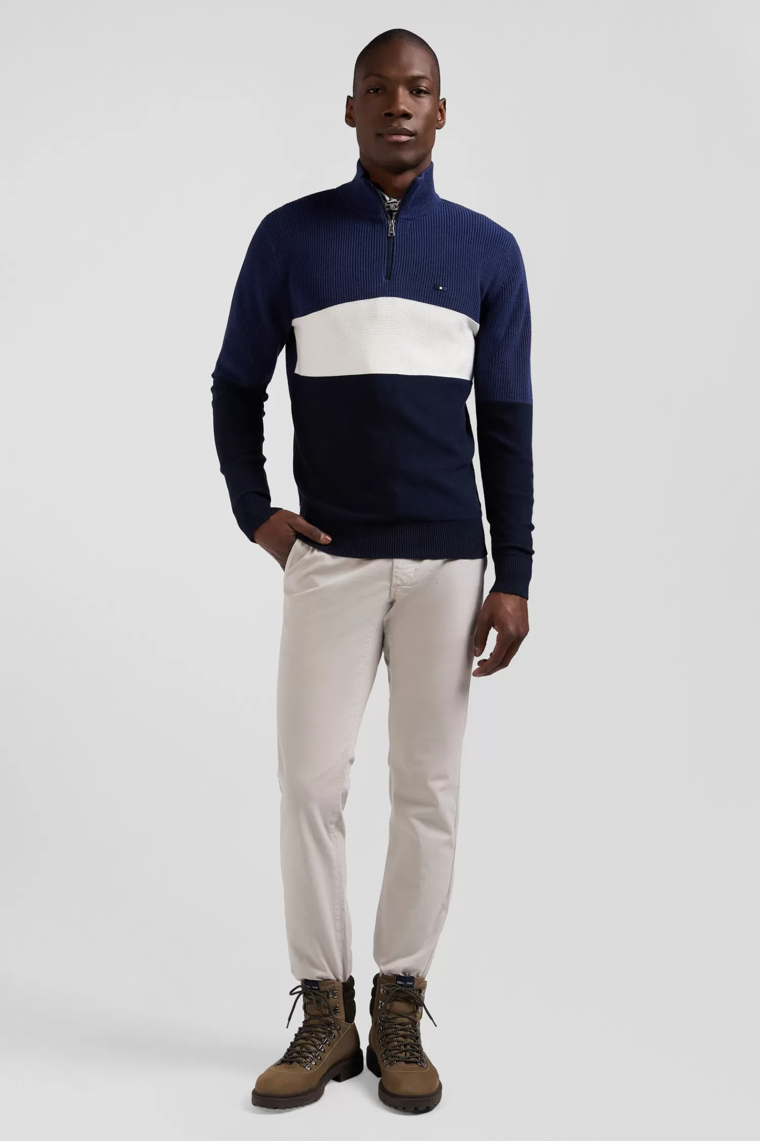 Eden Park Regular dark blue semi-zipped cotton jumper with knit patterns< Sweaters