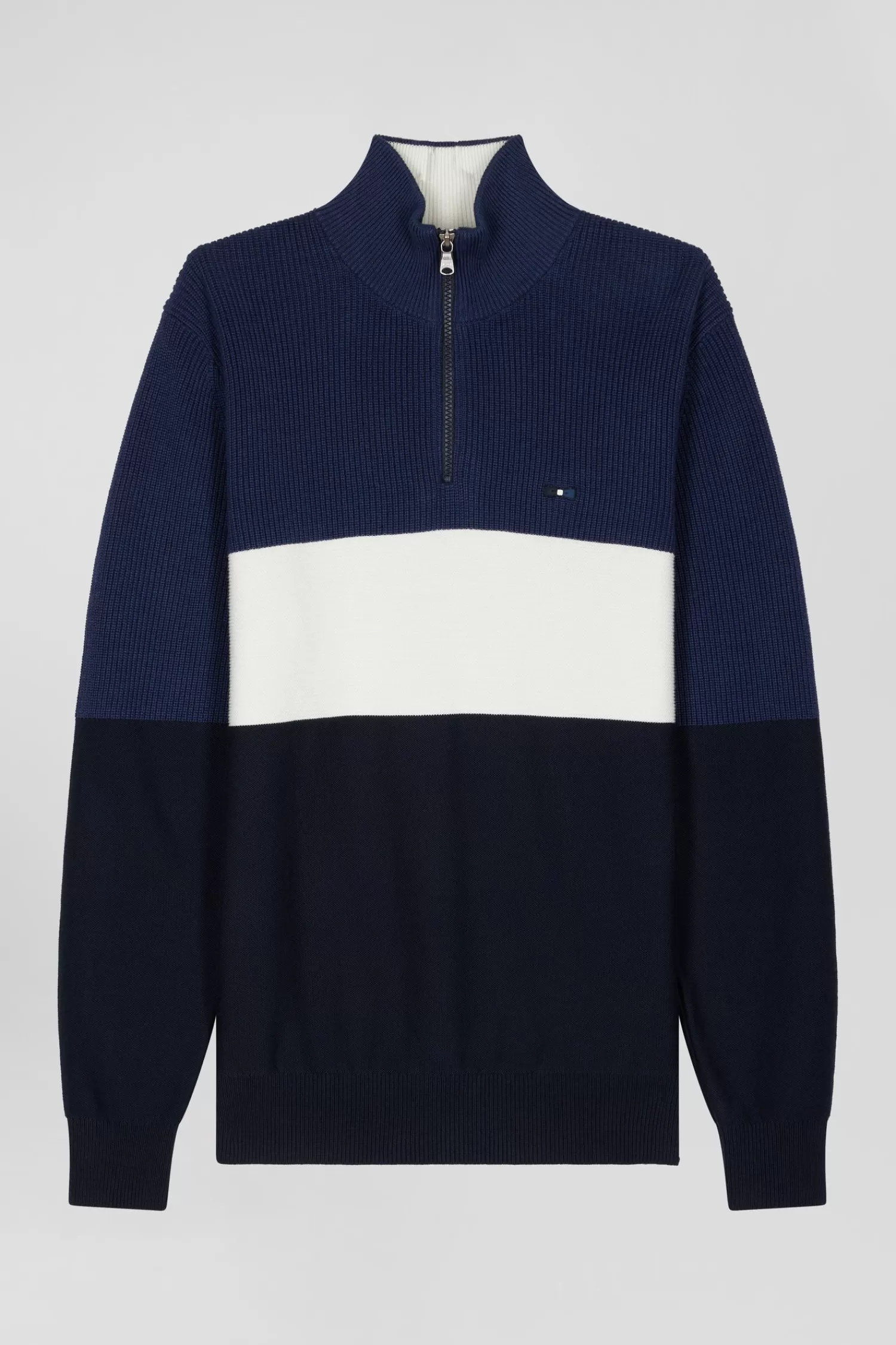 Eden Park Regular dark blue semi-zipped cotton jumper with knit patterns< Sweaters