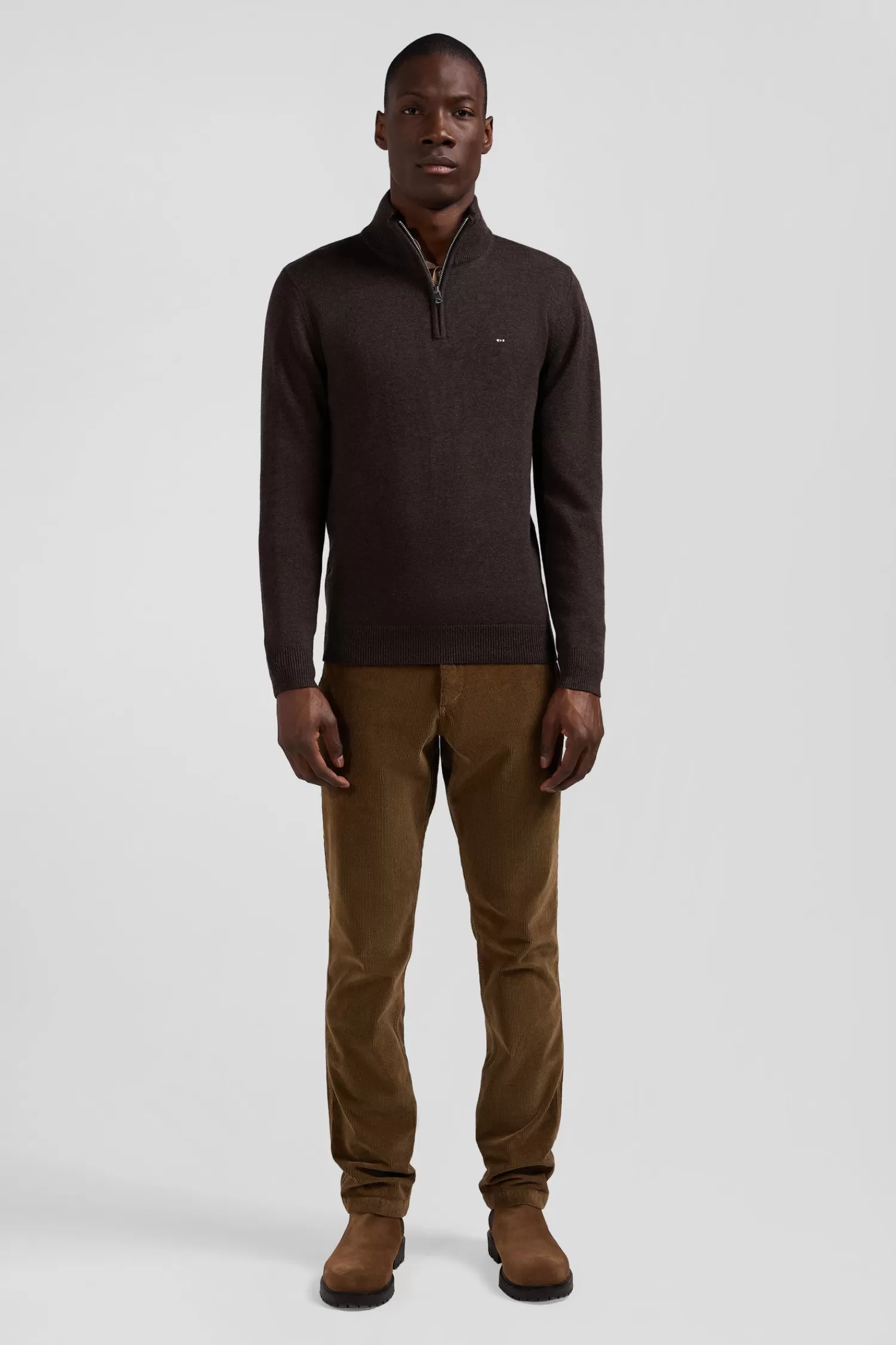 Eden Park Regular dark brown semi-zipped wool and cotton jumper< Sweaters