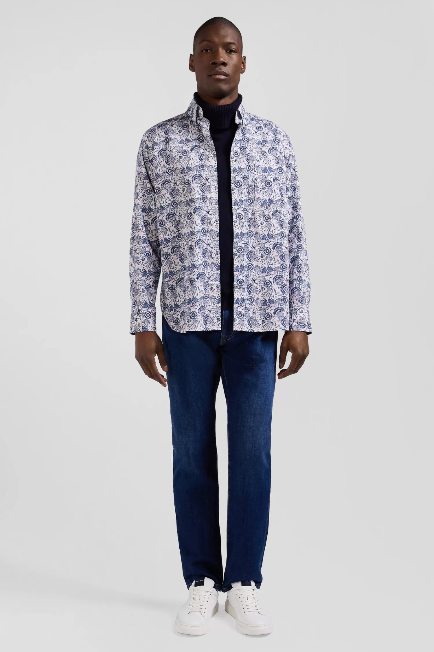 Eden Park Regular ecru and blue cotton shirt with graphic print< Shirts