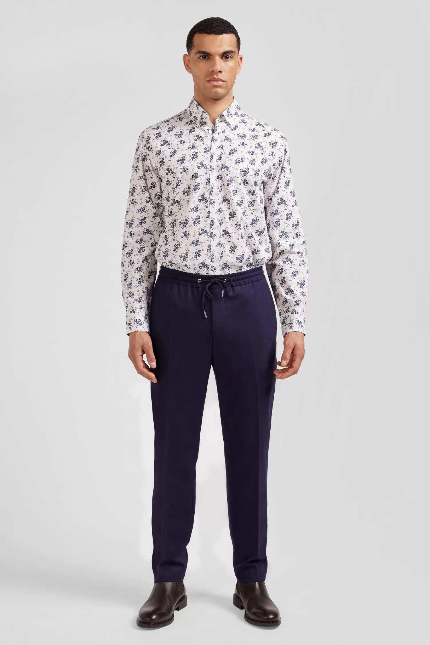 Eden Park Regular ecru cotton poplin shirt with navy floral print< Shirts