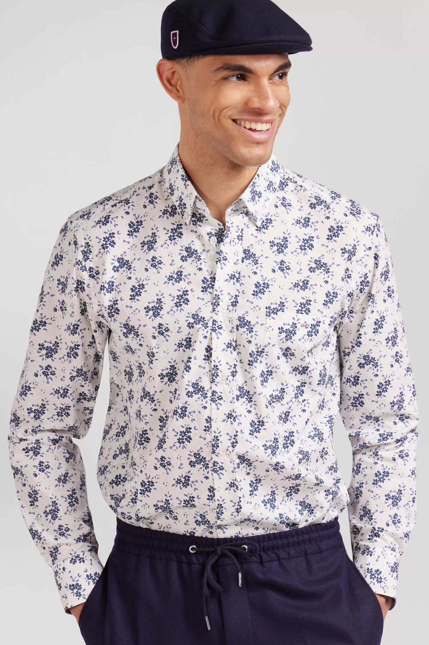 Eden Park Regular ecru cotton poplin shirt with navy floral print< Shirts