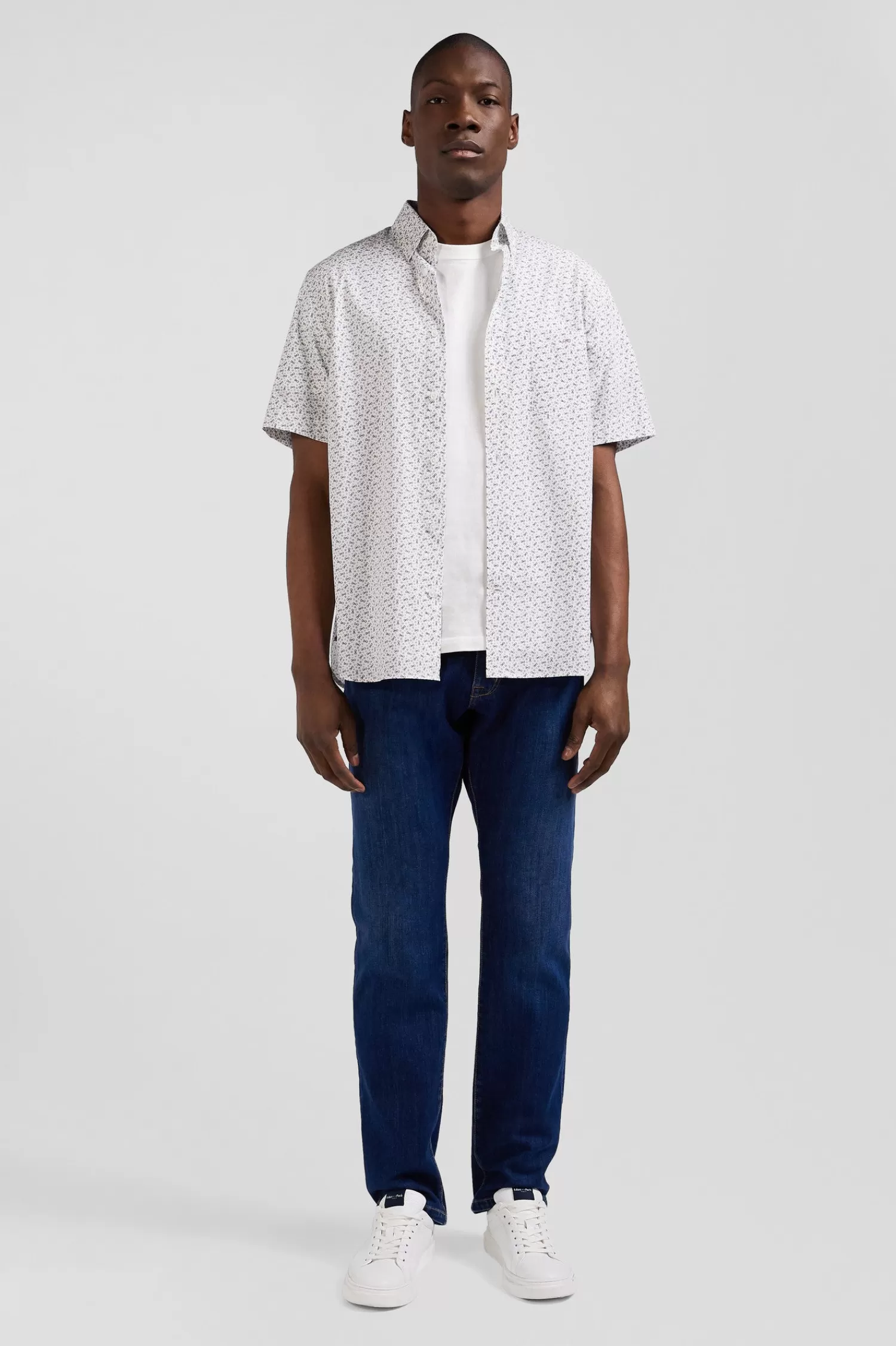 Eden Park Regular ecru cotton short-sleeved shirt with microprint< Short-sleeved Shirts