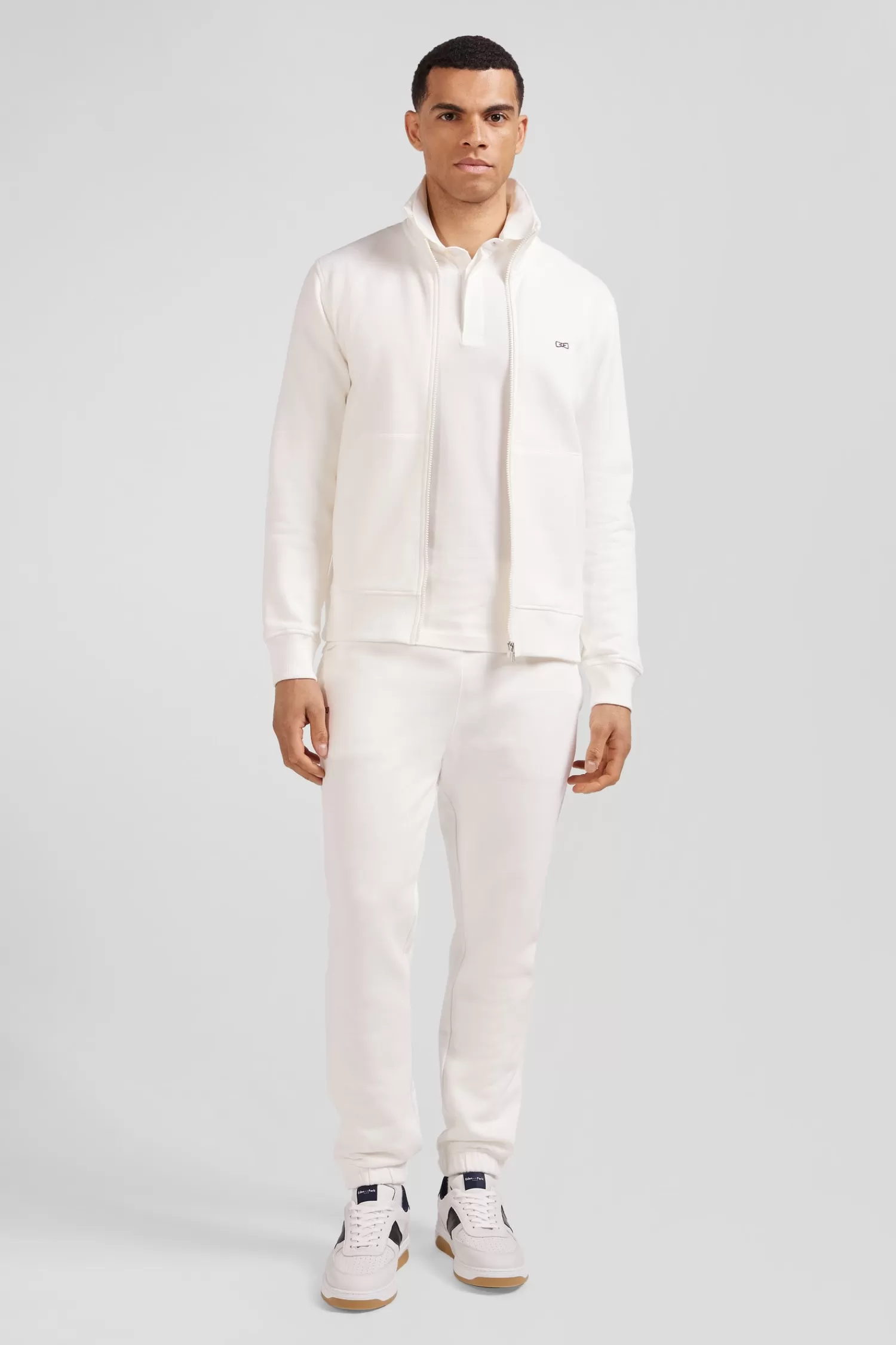 Eden Park Regular ecru zipped brushed cotton fleece sweatshirt with high top collar< Sweatshirts