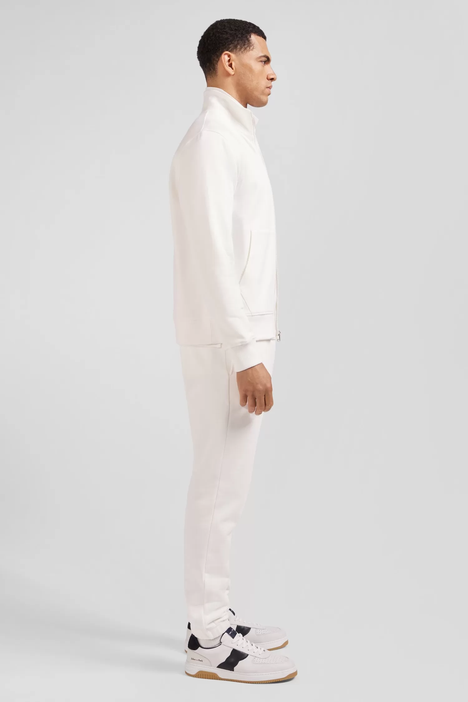 Eden Park Regular ecru zipped brushed cotton fleece sweatshirt with high top collar< Sweatshirts