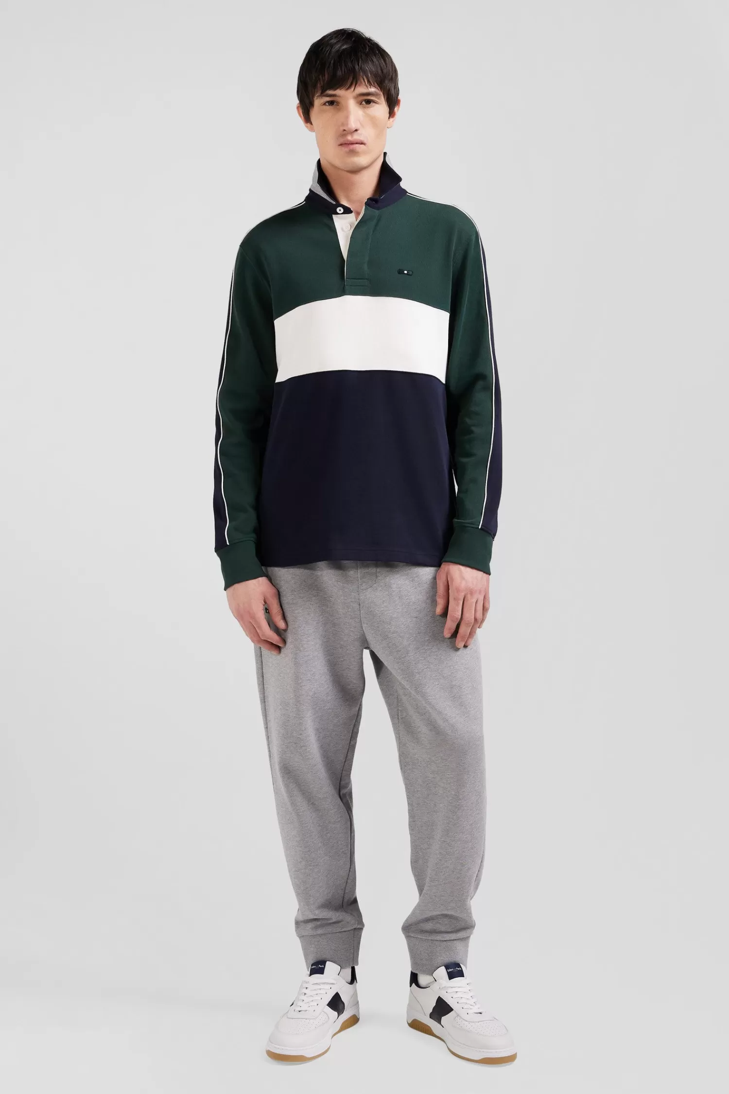 Eden Park Regular green and navy blue colorblock long-sleeved cotton rugby shirt< Rugby Shirts