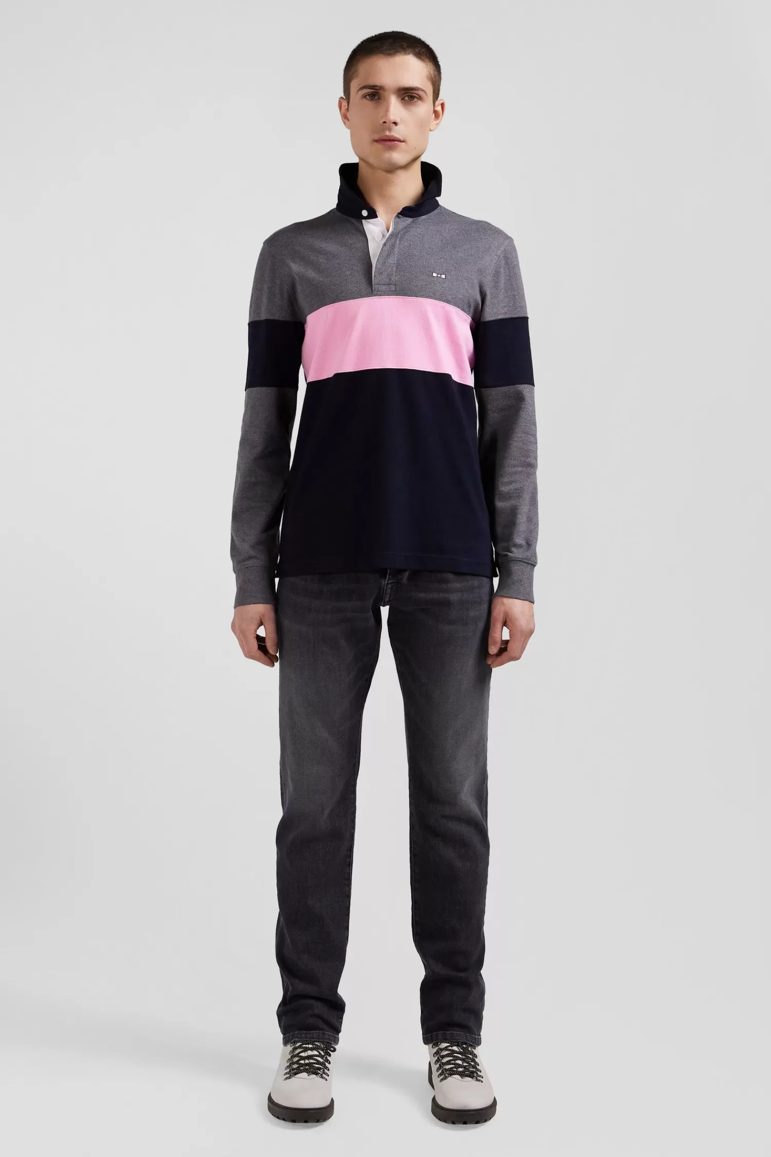 Eden Park Regular green long-sleeved colourblock cotton rugby shirt with back embroidery< Rugby Shirts