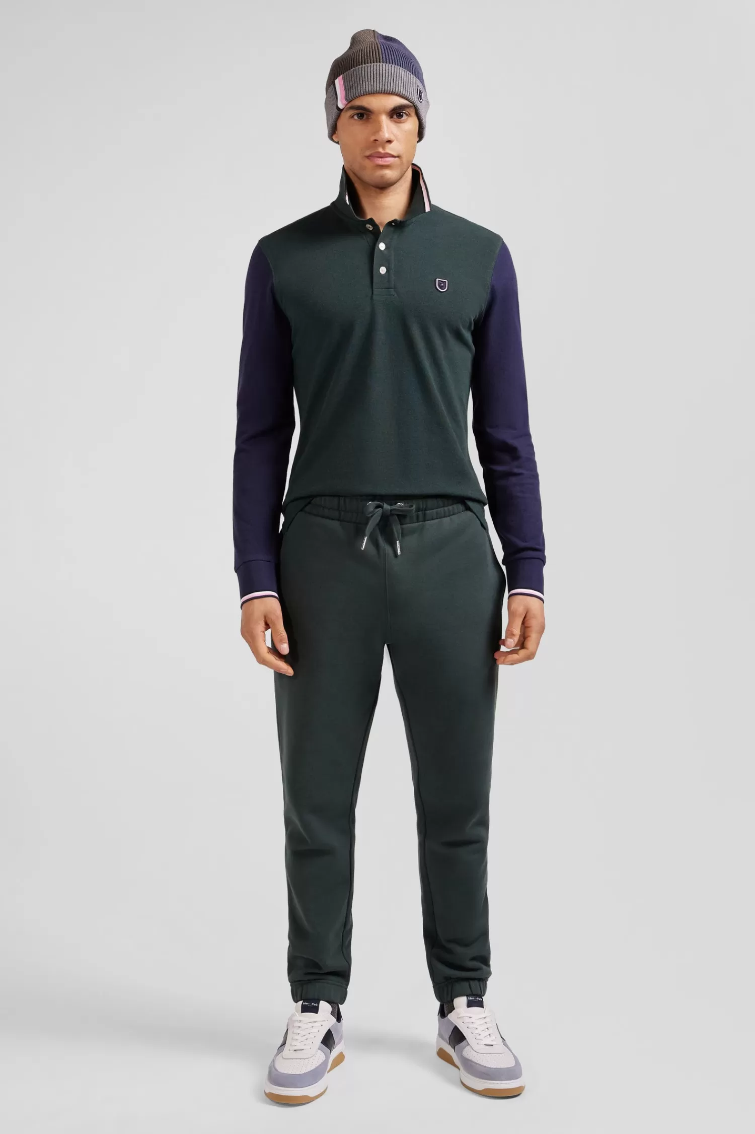 Eden Park Regular green long-sleeved cotton piqué polo shirt with jacquard collar and rubber badge< Polos