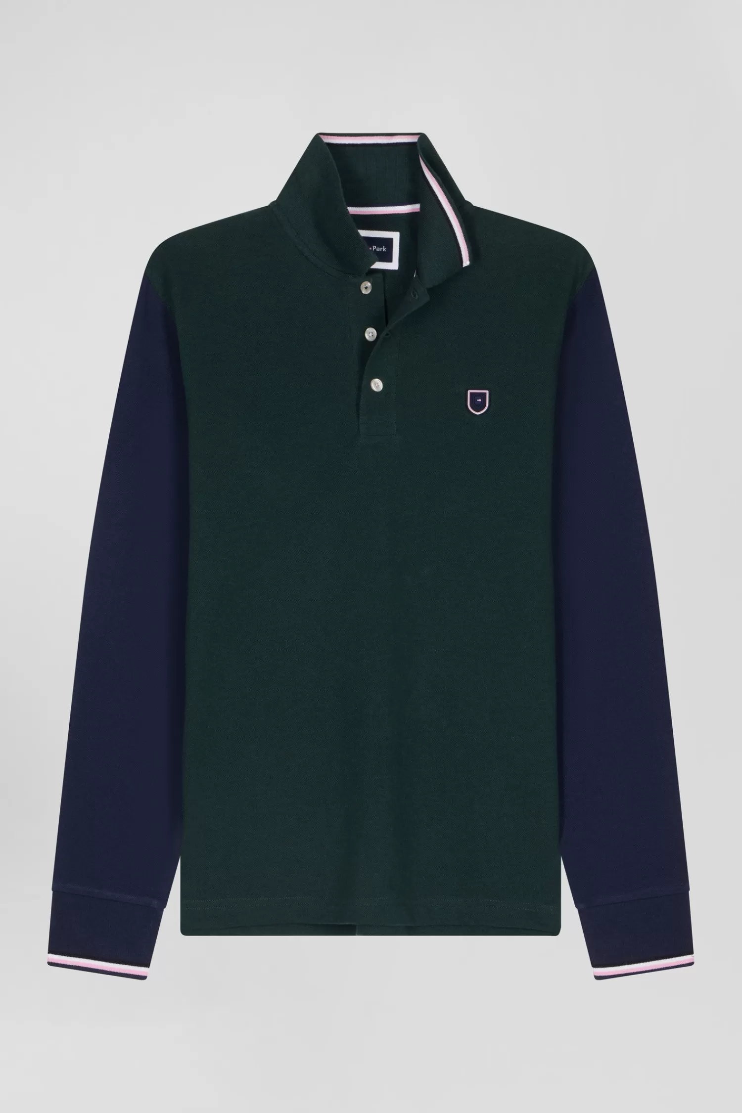 Eden Park Regular green long-sleeved cotton piqué polo shirt with jacquard collar and rubber badge< Polos