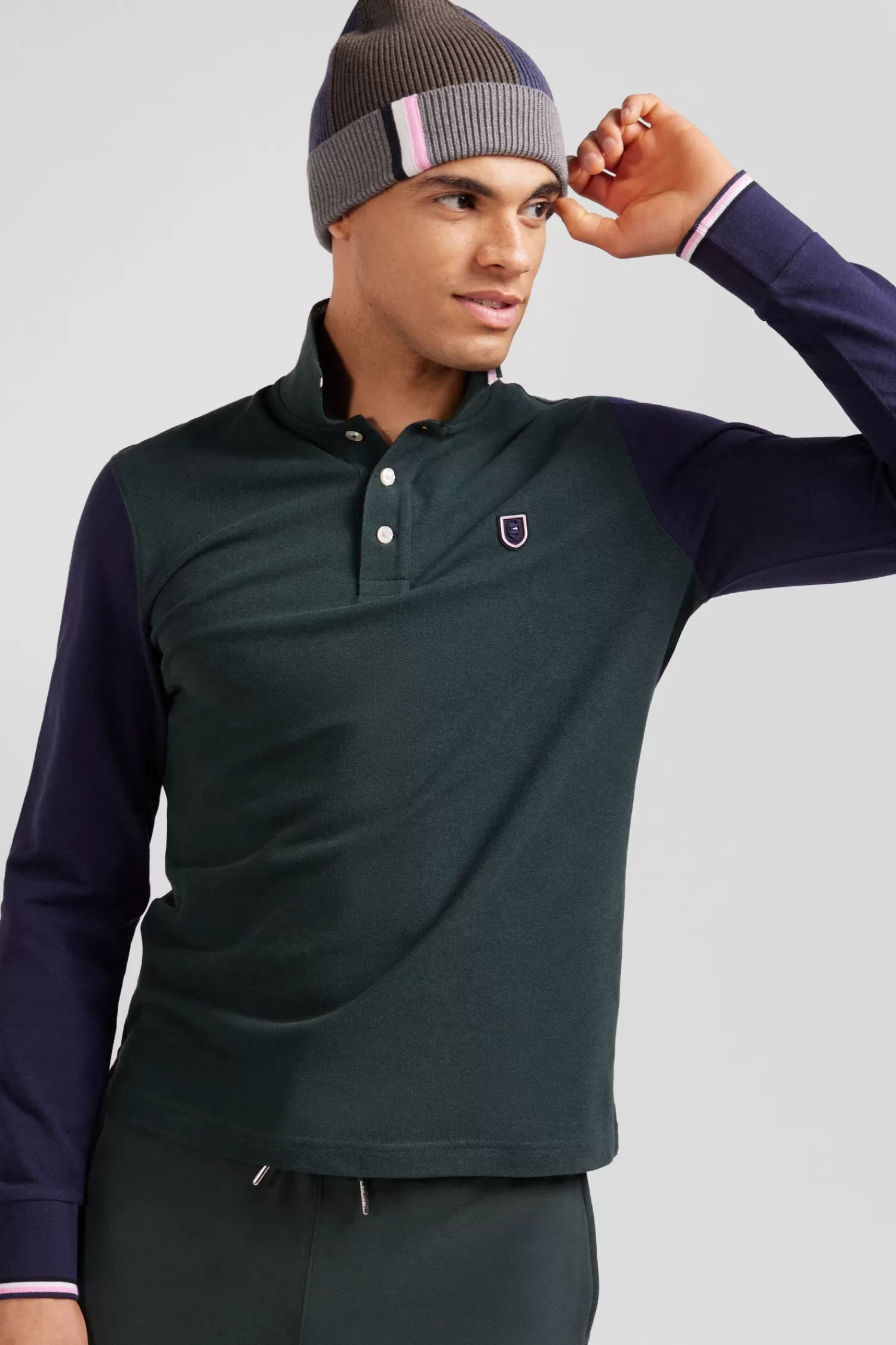 Eden Park Regular green long-sleeved cotton piqué polo shirt with jacquard collar and rubber badge< Polos
