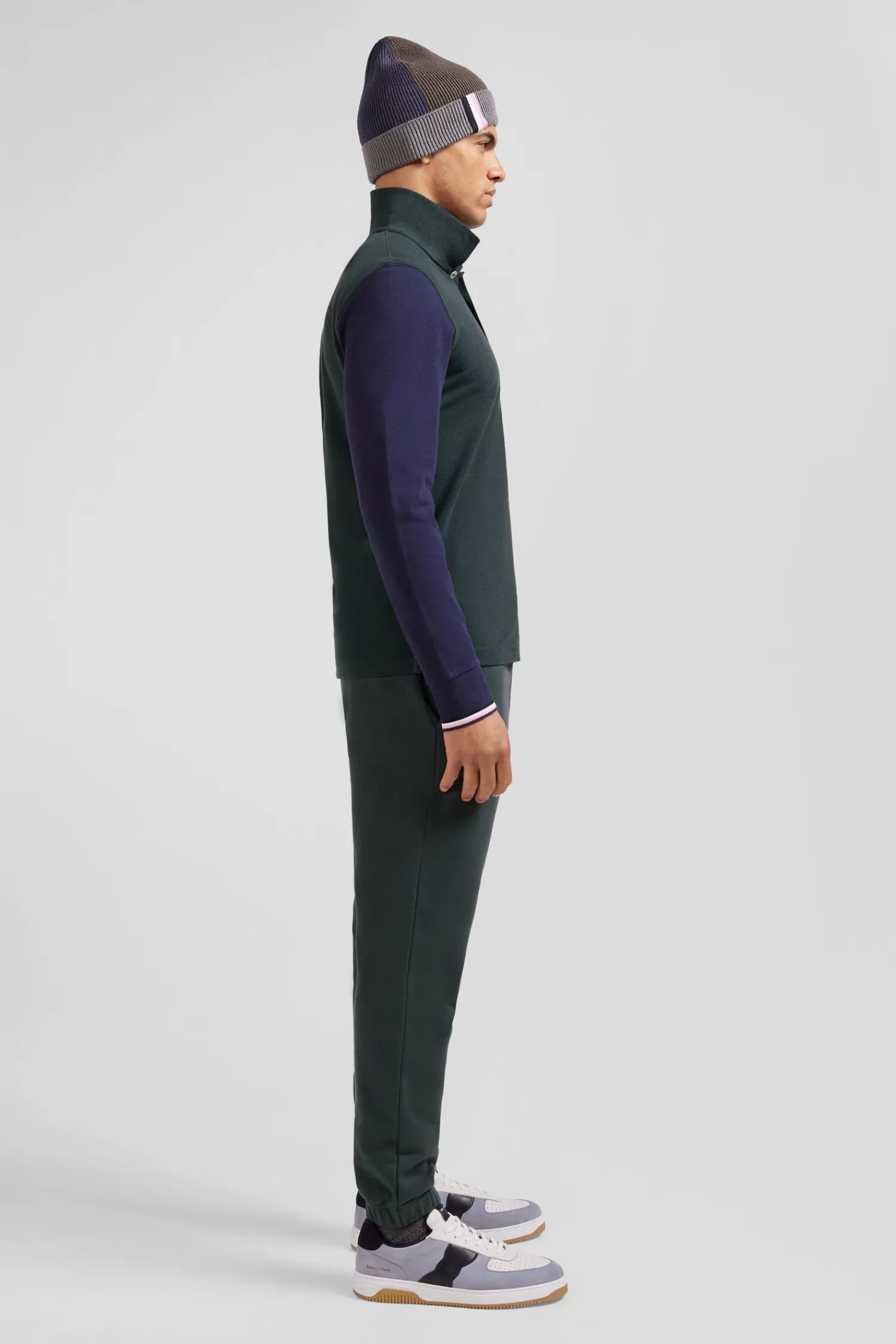 Eden Park Regular green long-sleeved cotton piqué polo shirt with jacquard collar and rubber badge< Polos