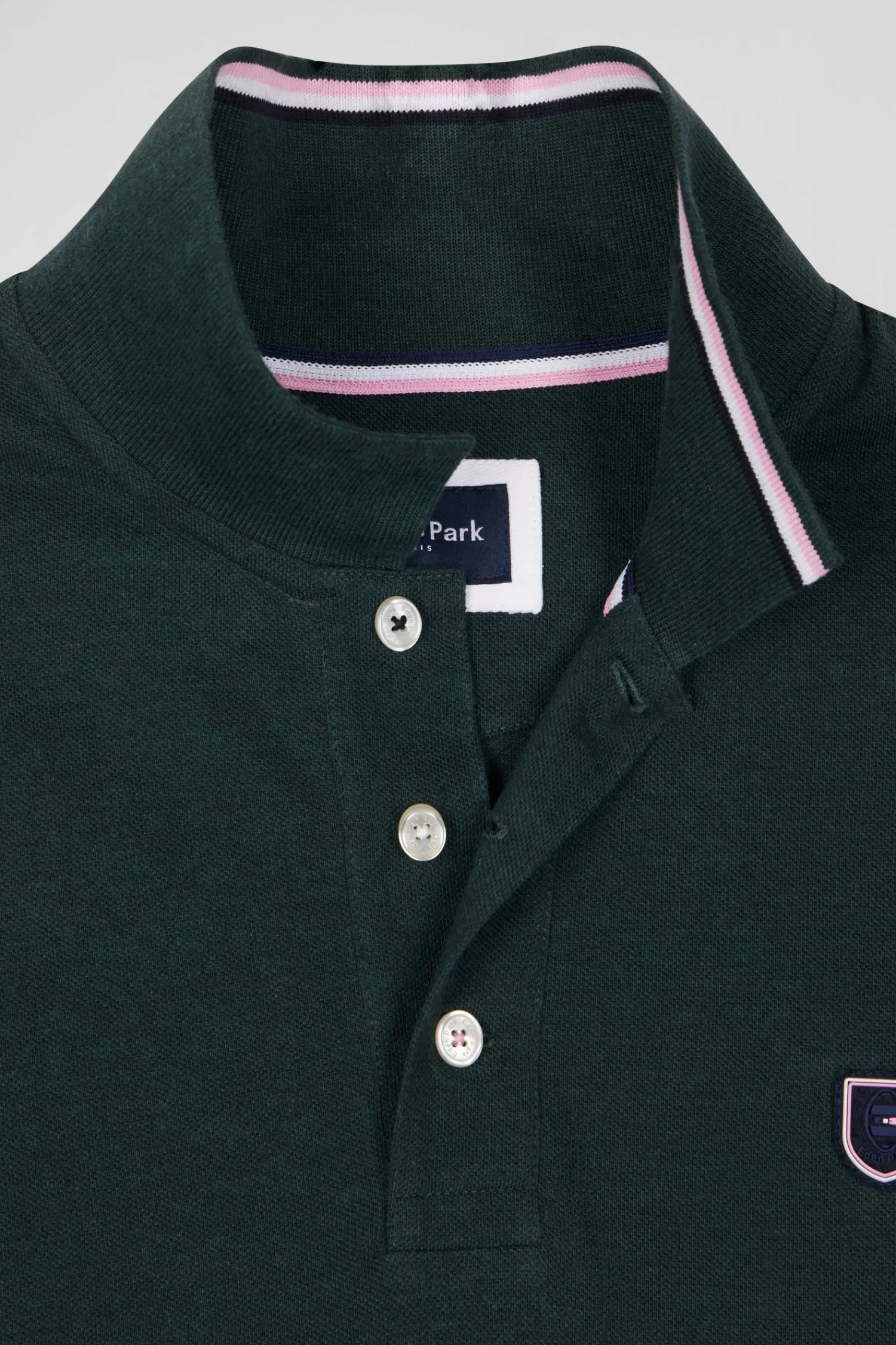 Eden Park Regular green long-sleeved cotton piqué polo shirt with jacquard collar and rubber badge< Polos