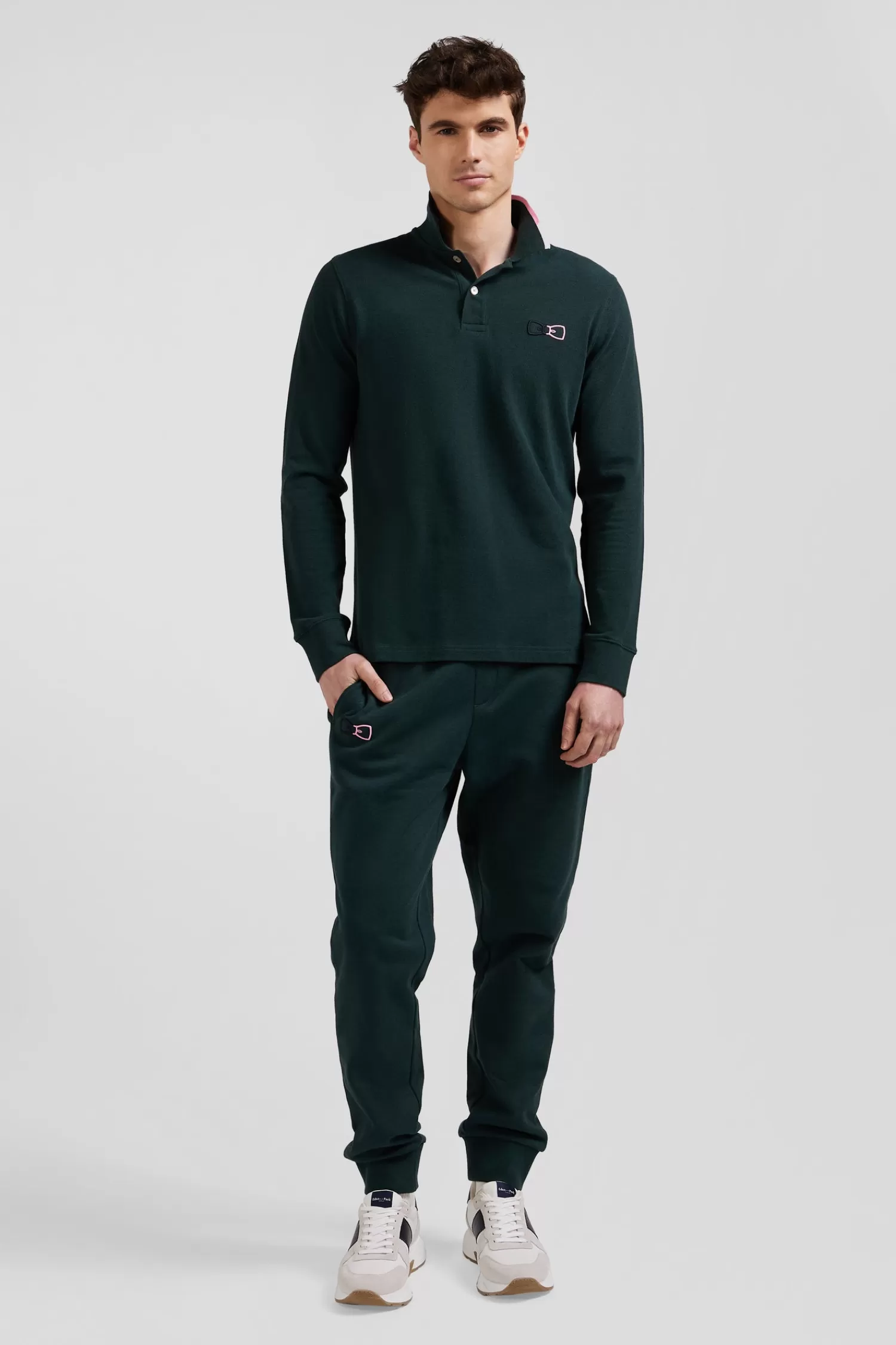 Eden Park Regular green long-sleeved cotton piqué polo shirt with pink details< Polos