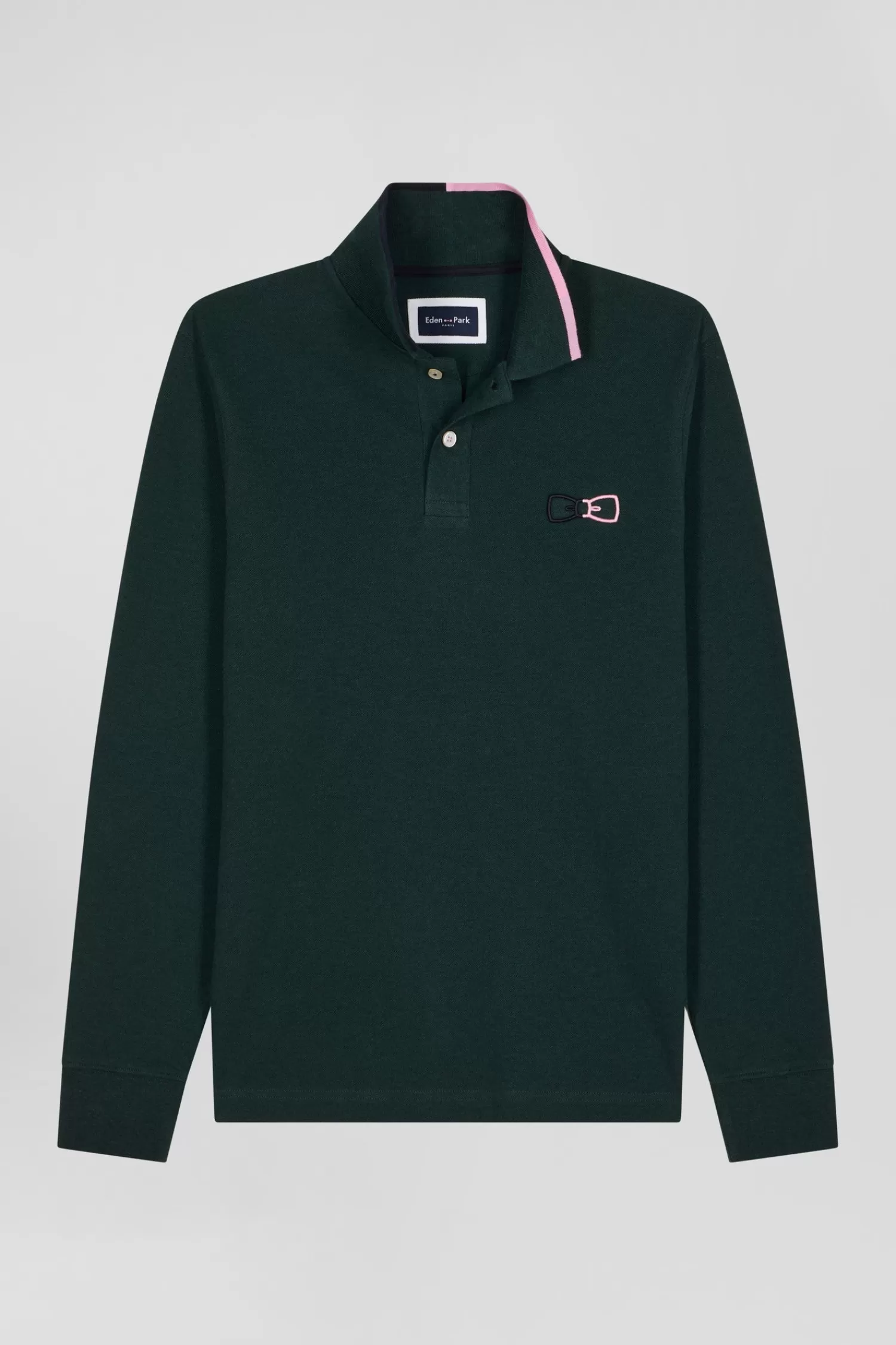 Eden Park Regular green long-sleeved cotton piqué polo shirt with pink details< Polos