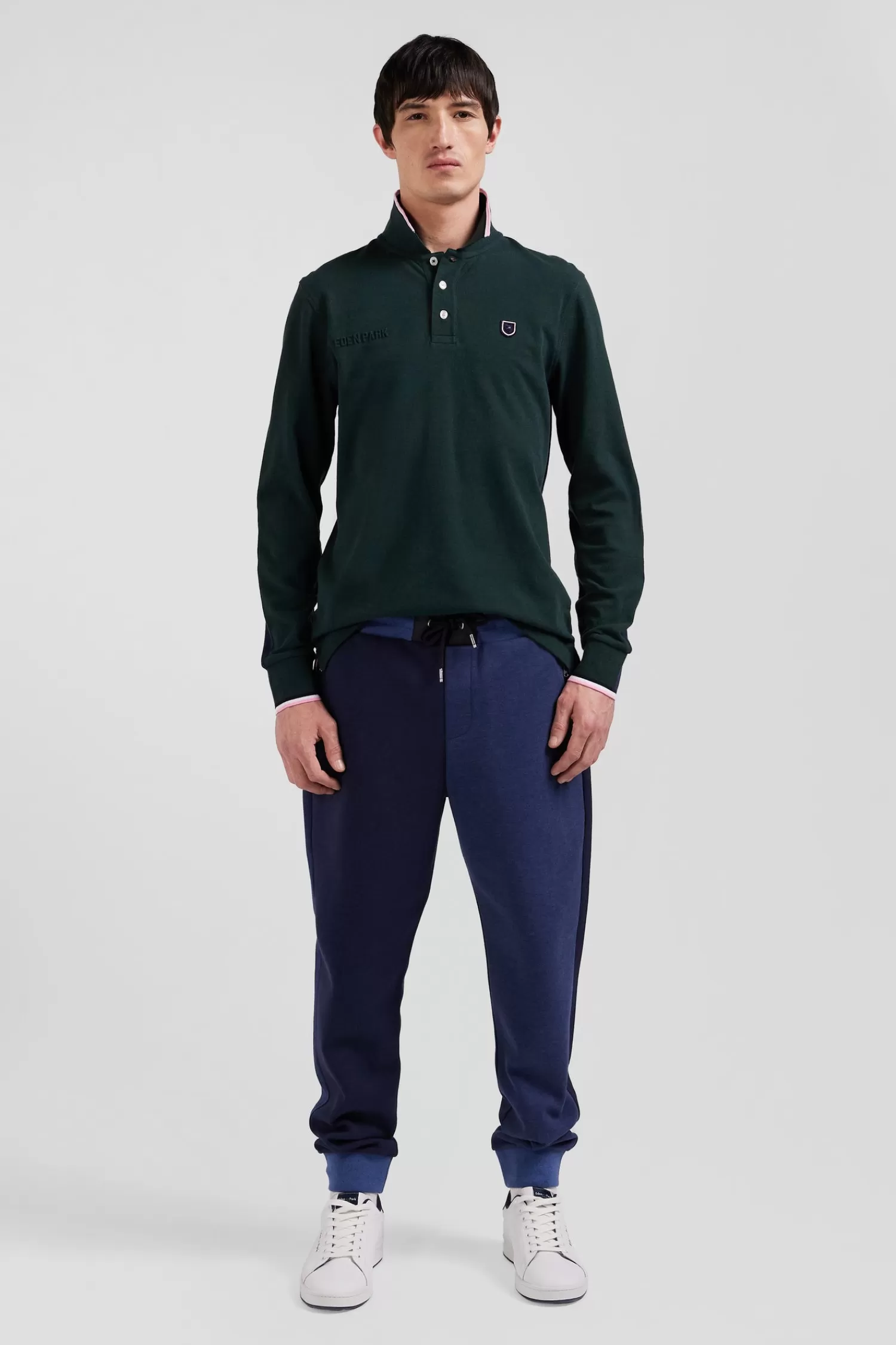 Eden Park Regular green long-sleeved cotton piqué polo shirt with tricolor details< Polos