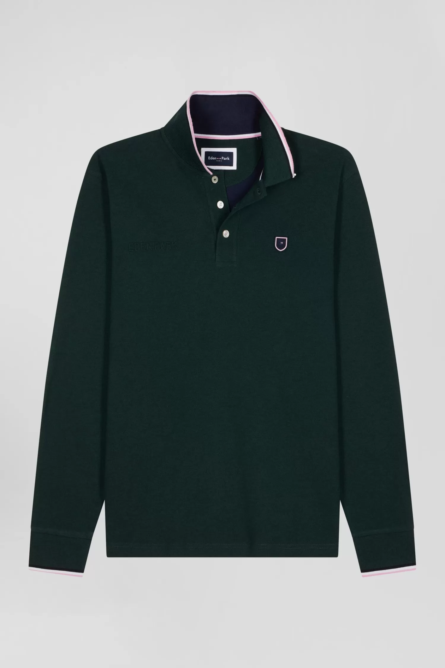 Eden Park Regular green long-sleeved cotton piqué polo shirt with tricolor details< Polos