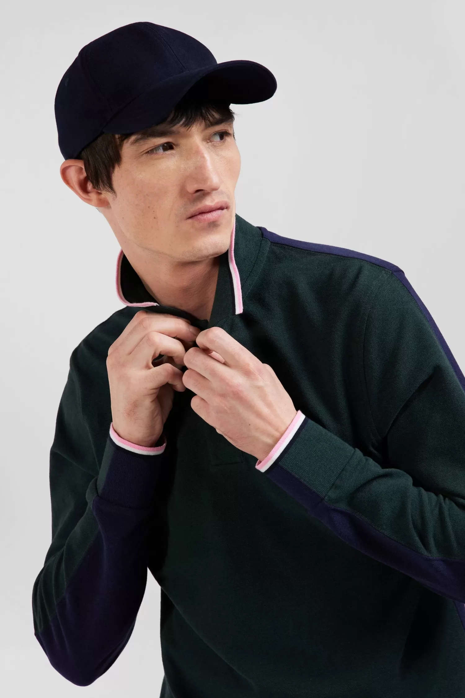 Eden Park Regular green long-sleeved cotton piqué polo shirt with tricolor details< Polos