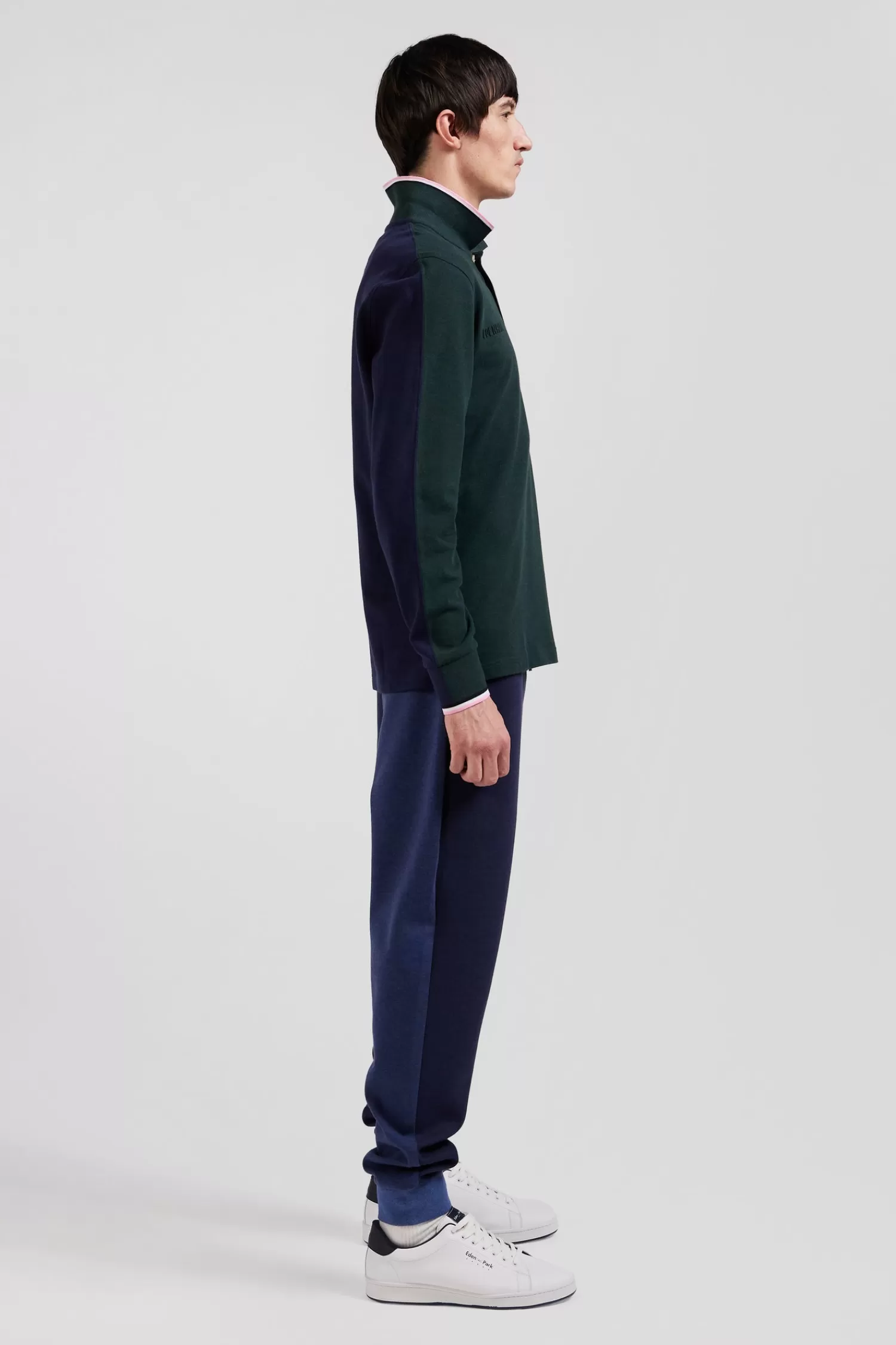 Eden Park Regular green long-sleeved cotton piqué polo shirt with tricolor details< Polos