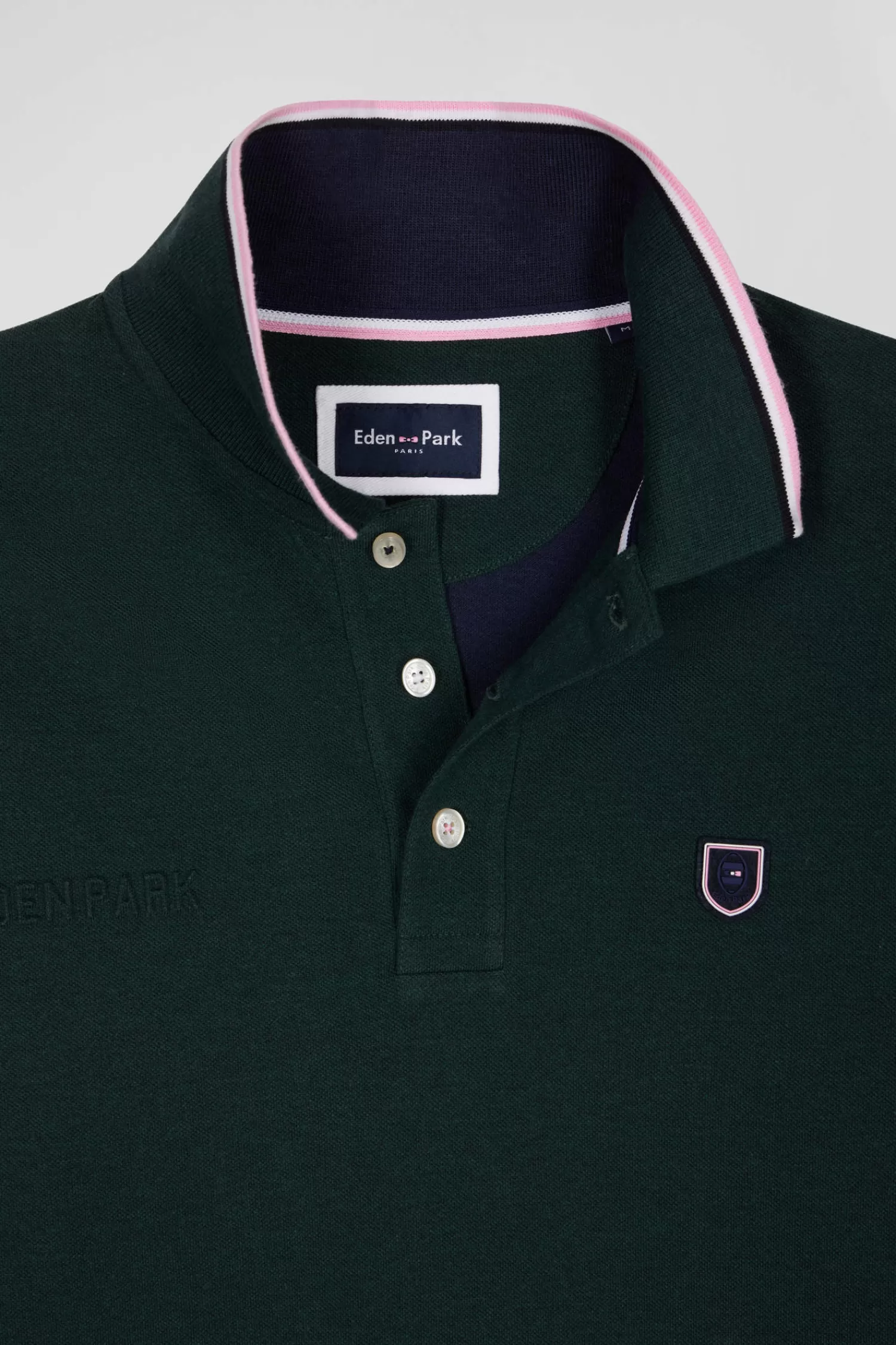 Eden Park Regular green long-sleeved cotton piqué polo shirt with tricolor details< Polos
