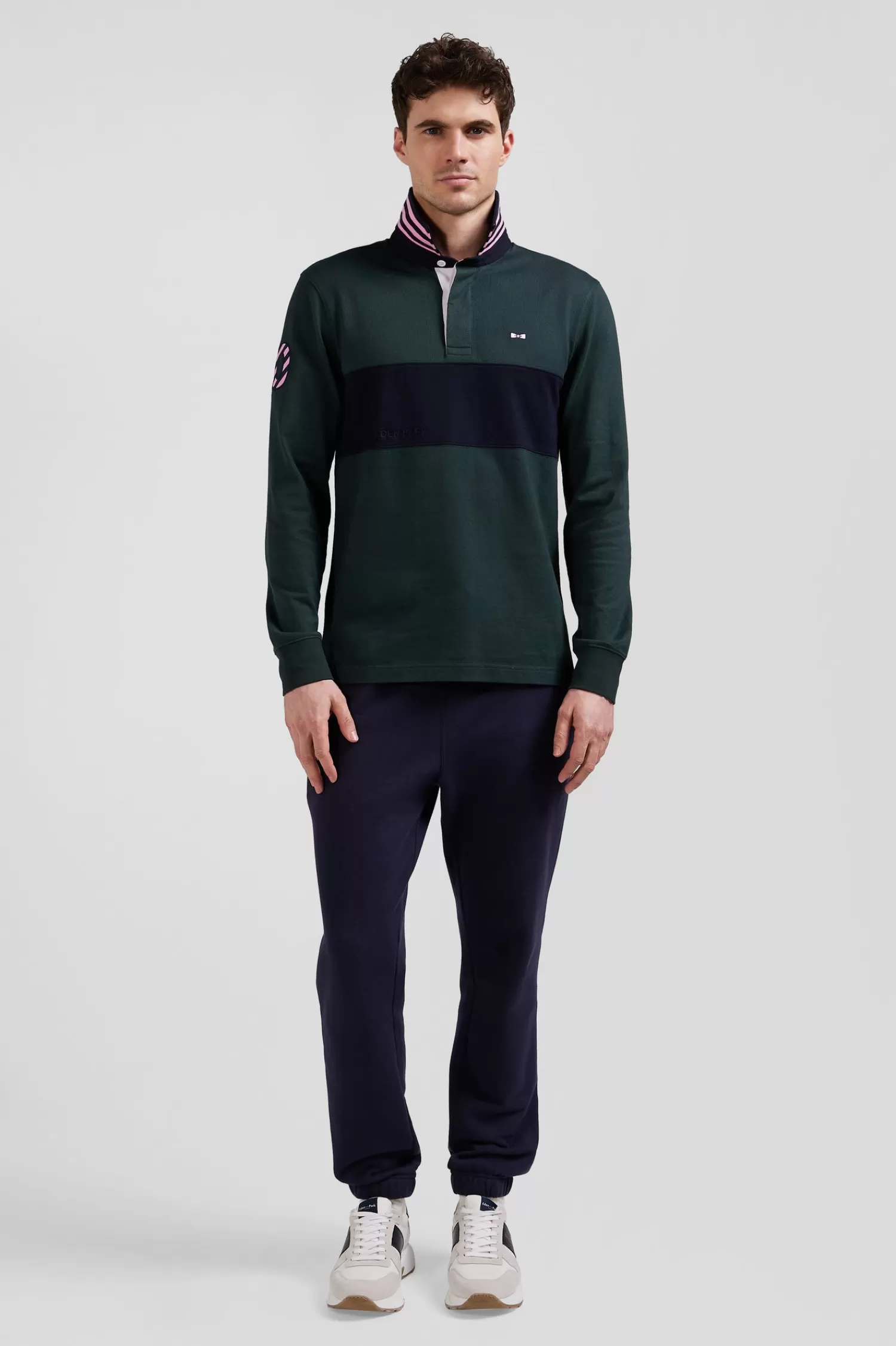 Eden Park Regular green long-sleeved cotton rugby shirt with sleeve N°10 embroidery< Rugby Shirts