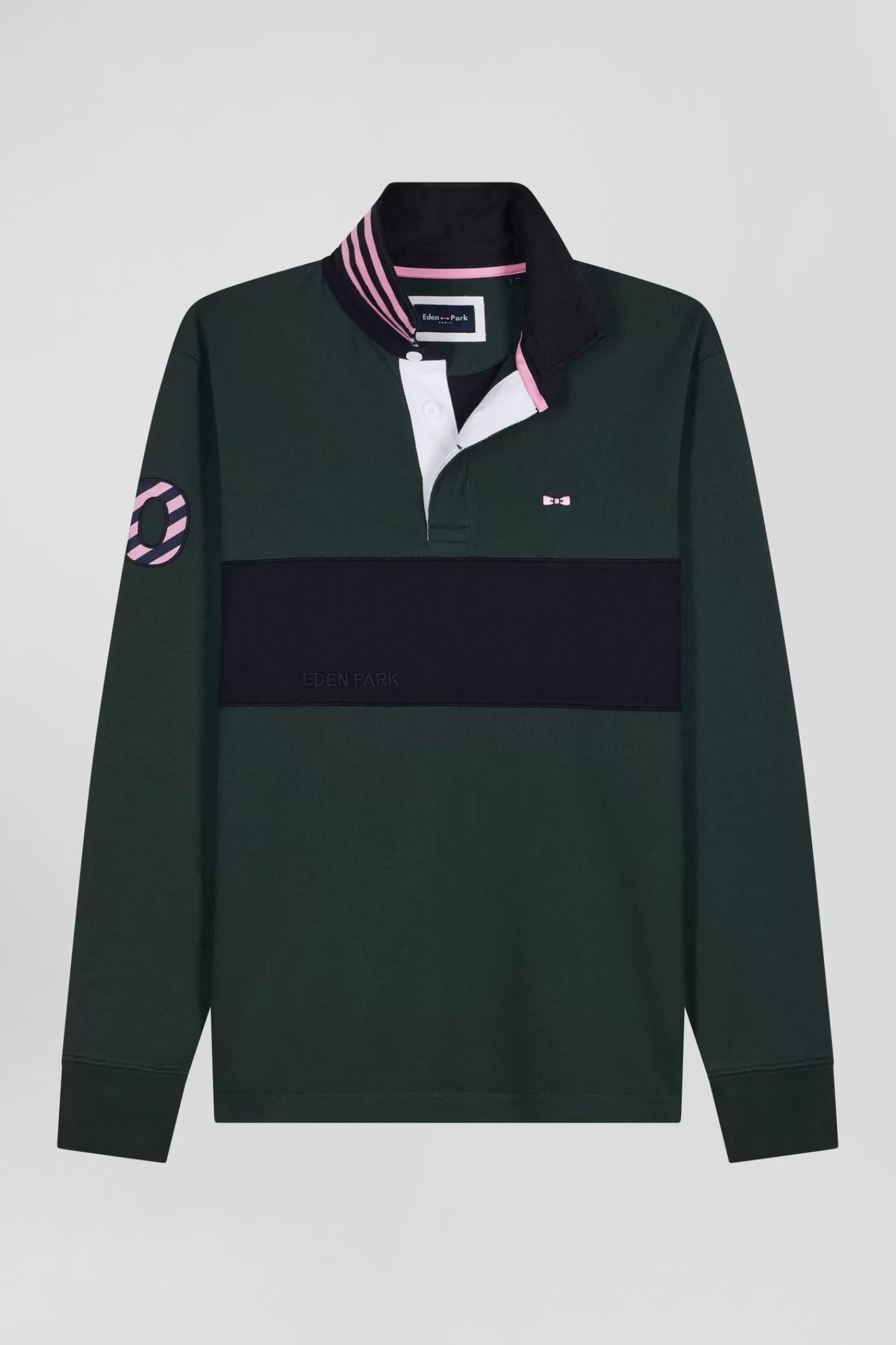 Eden Park Regular green long-sleeved cotton rugby shirt with sleeve N°10 embroidery< Rugby Shirts